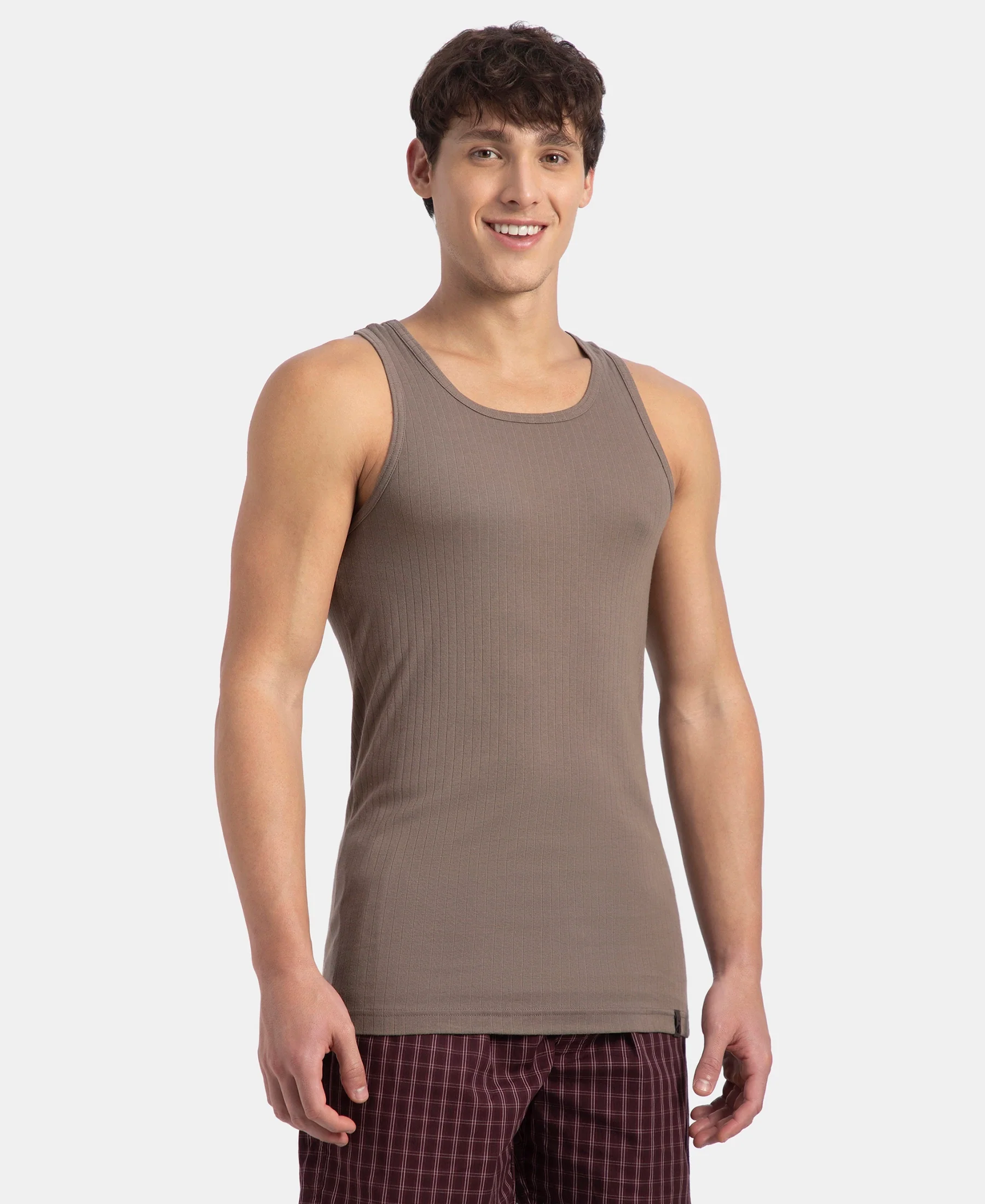 Super Combed Cotton Rib Round Neck with Racerback Gym Vest - Dark Khaki - Image 2