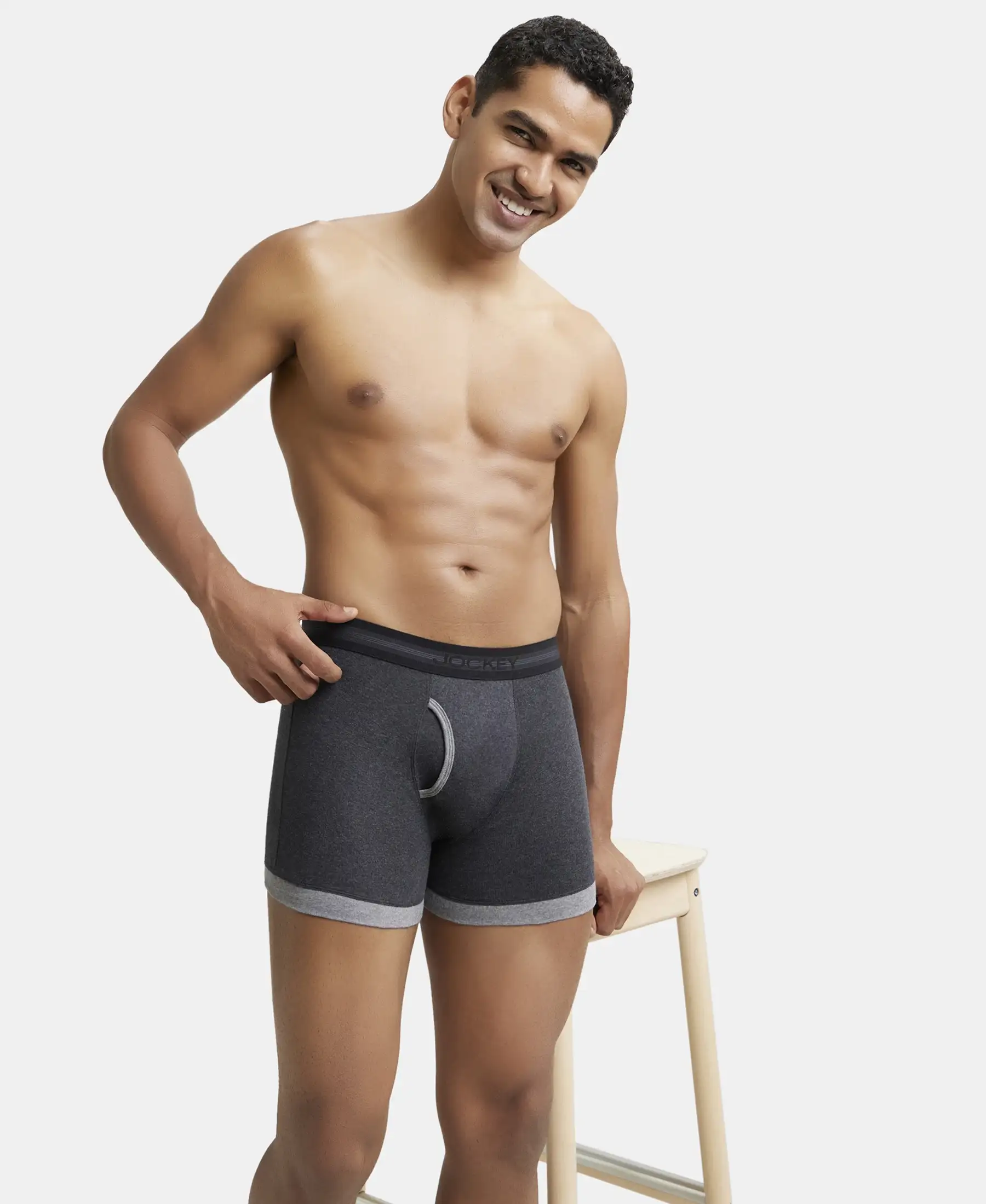 Super Combed Cotton Rib Solid Boxer Brief with StayFresh Treatment - Black Melange & Mid Grey - Image 5