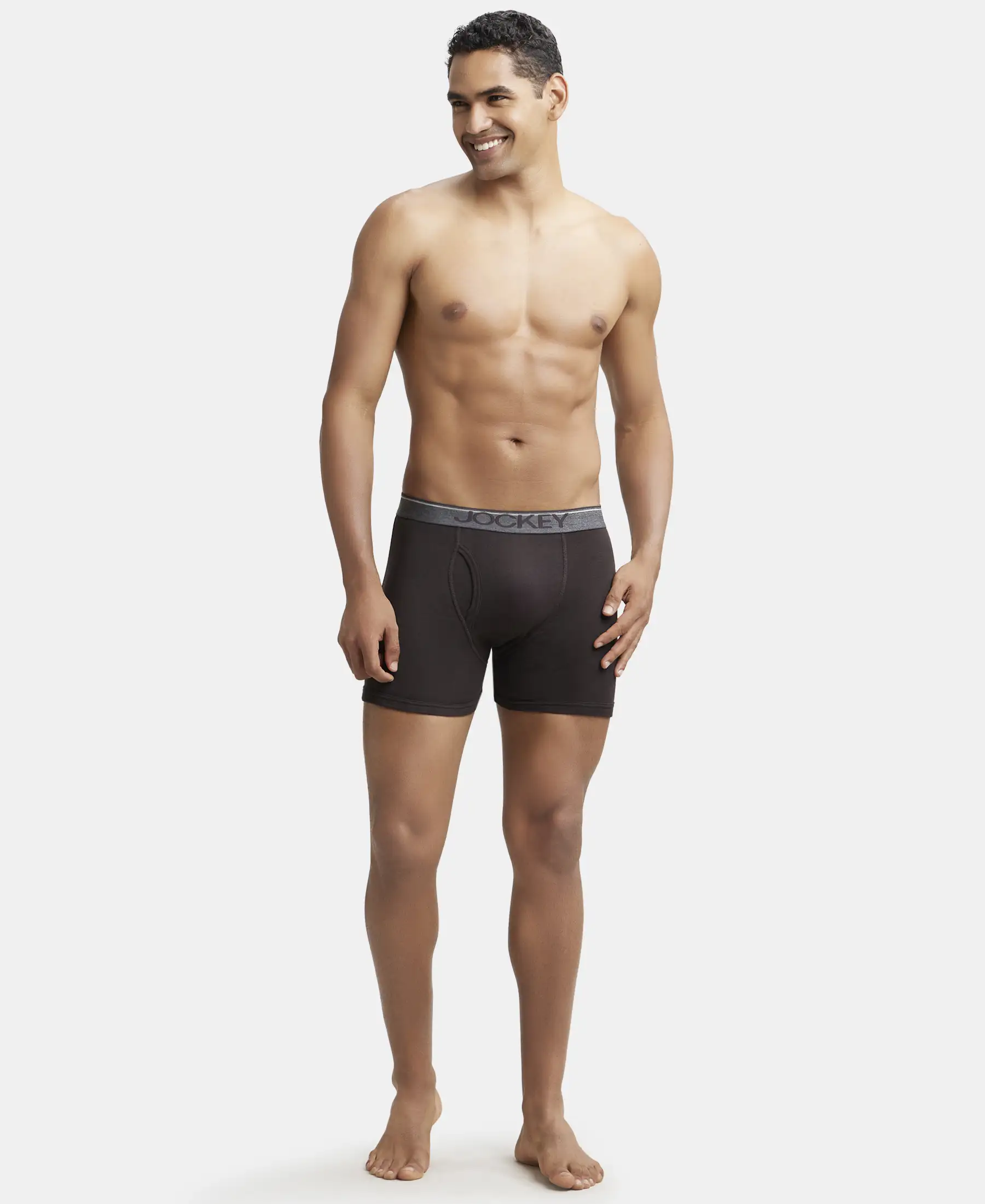 Super Combed Cotton Rib Solid Boxer Brief with Ultrasoft and Durable Waistband - Black/Grey Melange/Brown (Pack of 3) - Image 4