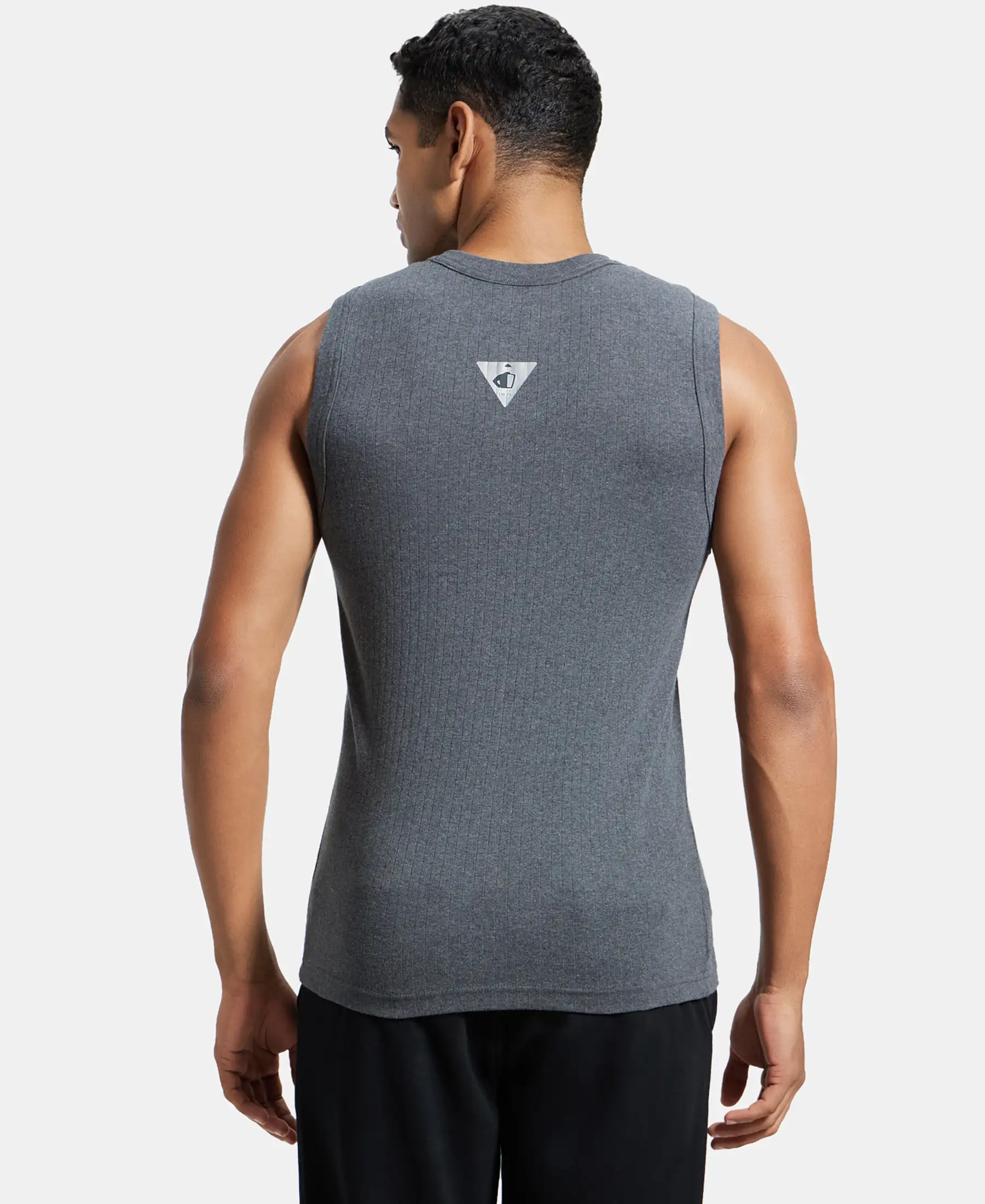 Super Combed Cotton Rib Solid Round Neck Muscle Vest - Black & Charcoal (Pack of 2) - Image 3
