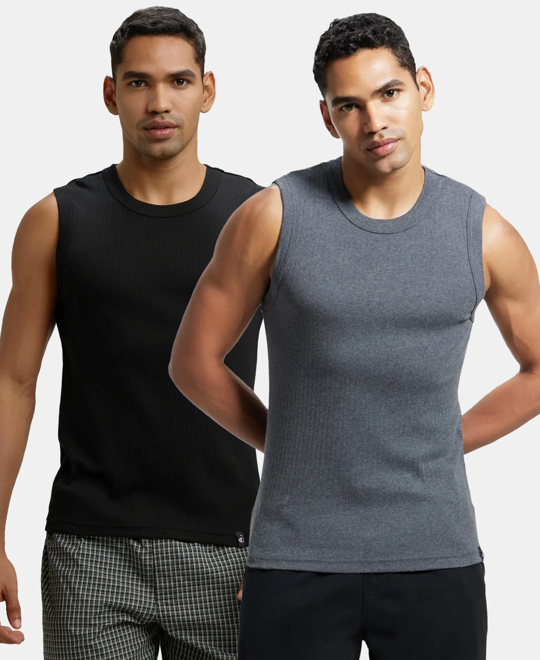 Super Combed Cotton Rib Solid Round Neck Muscle Vest - Black & Charcoal (Pack of 2) - Image 5