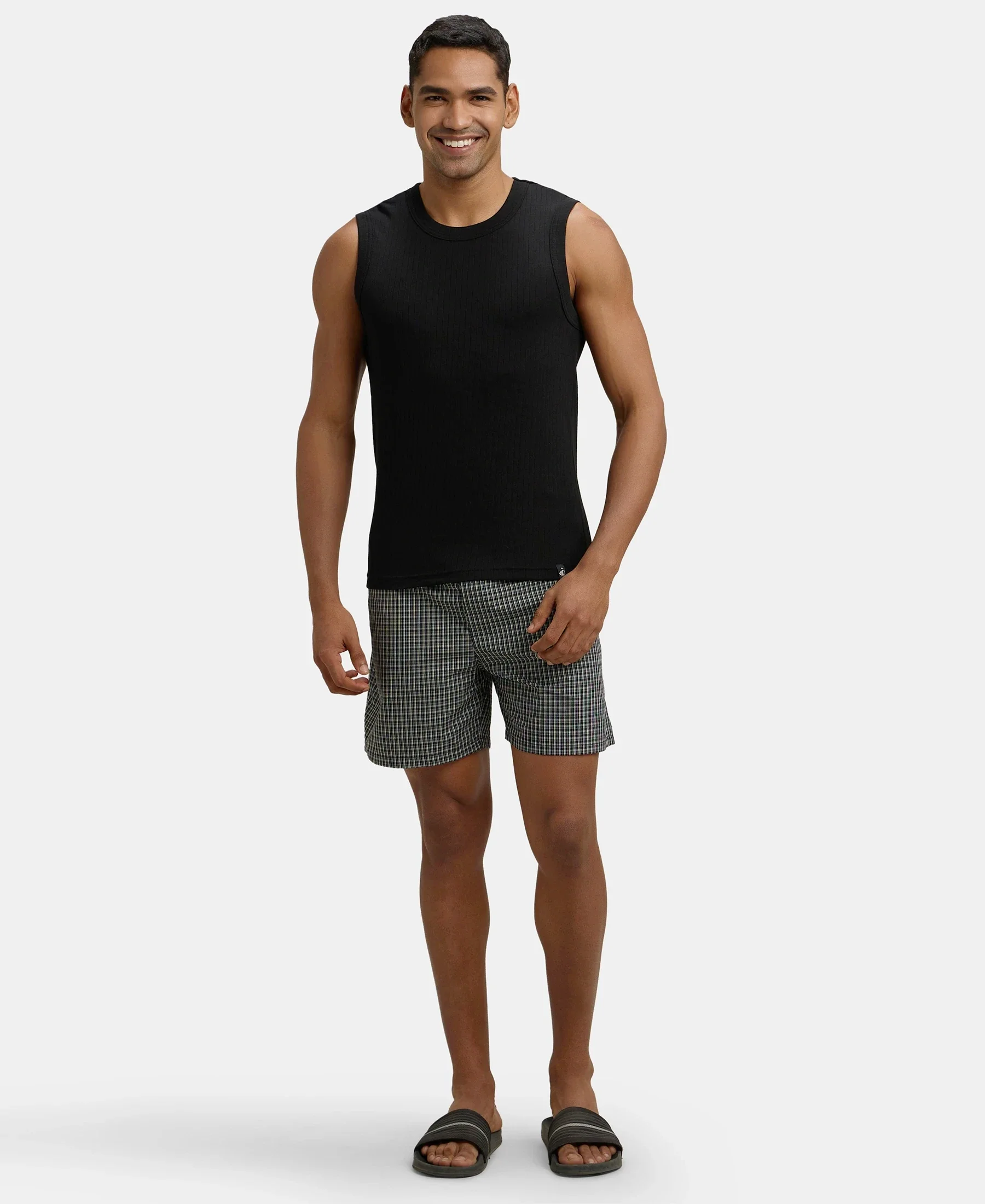 Super Combed Cotton Rib Solid Round Neck Muscle Vest - Black & Charcoal (Pack of 2) - Image 9