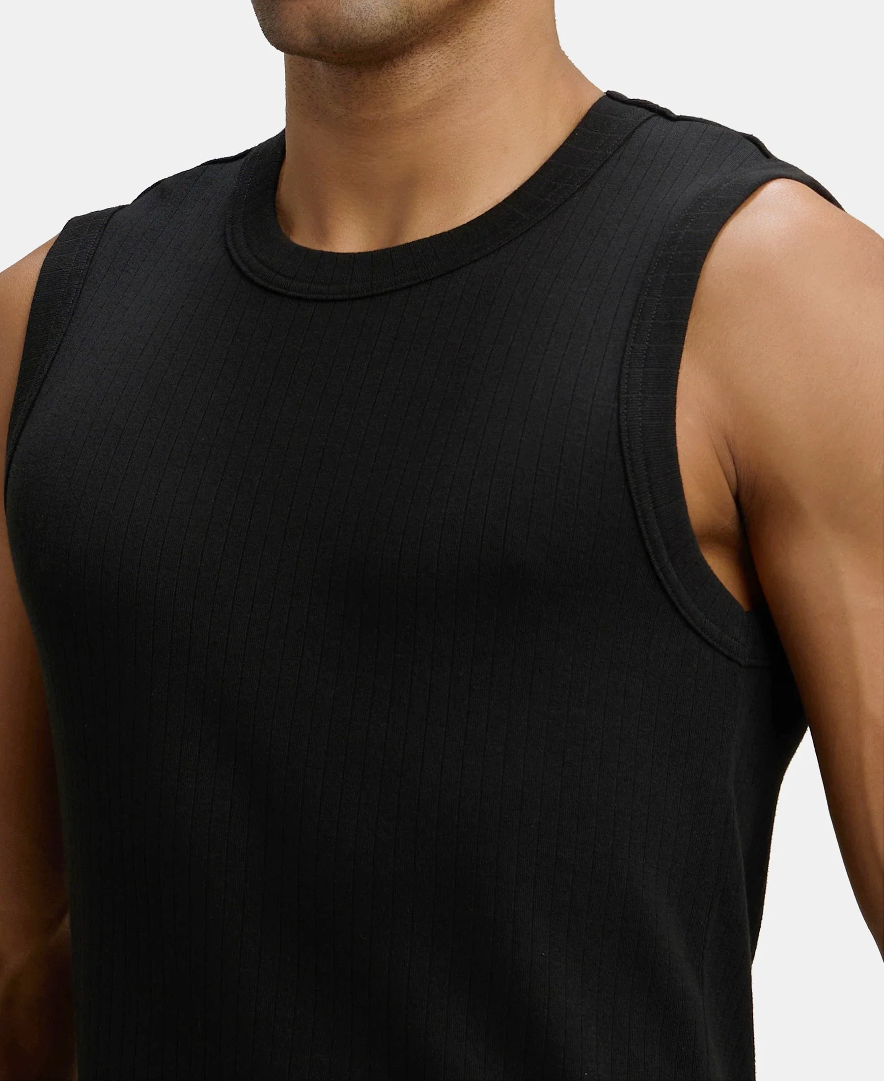 Super Combed Cotton Rib Solid Round Neck Muscle Vest - Black & White (Pack of 2) - Image 10