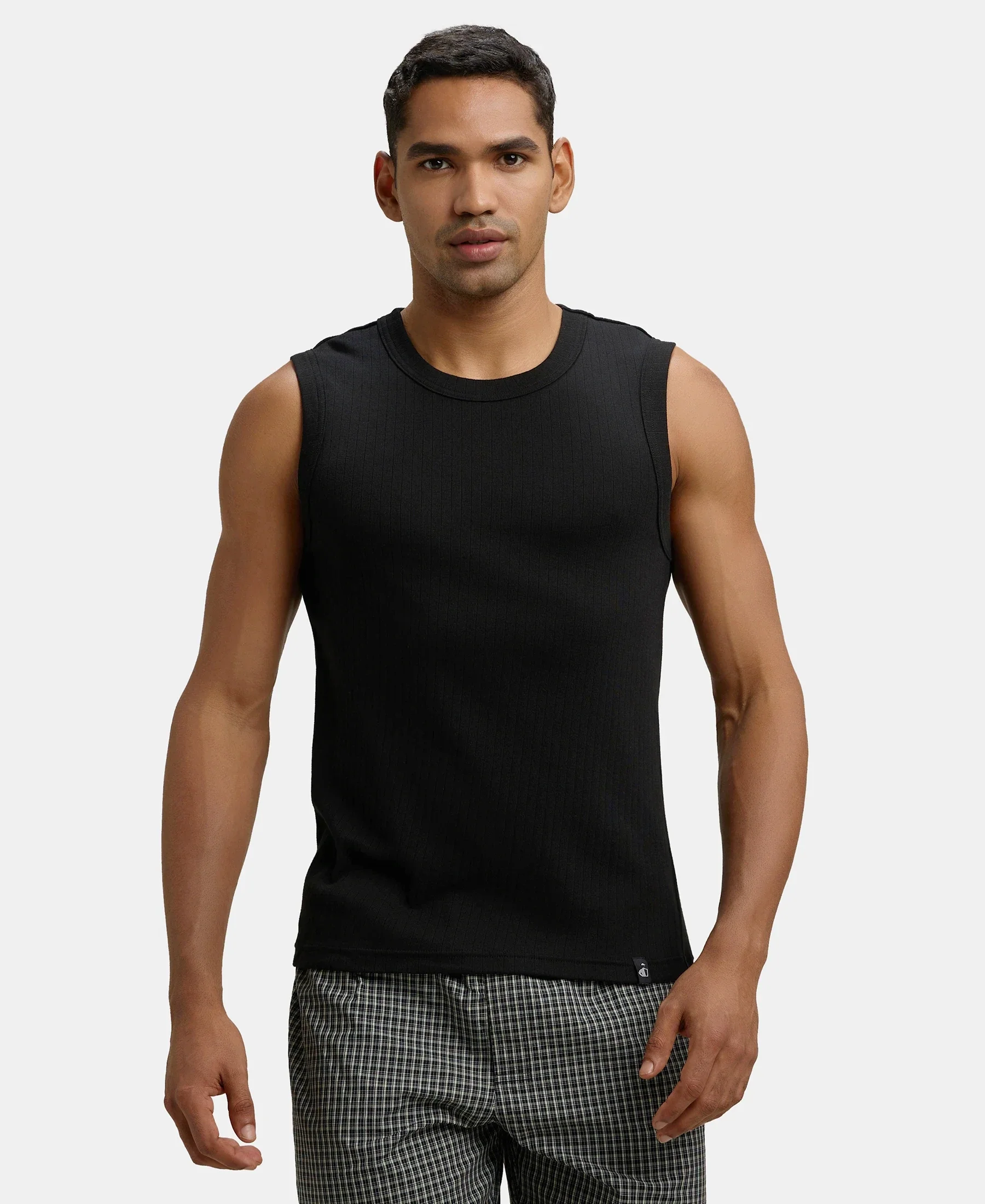 Super Combed Cotton Rib Solid Round Neck Muscle Vest - Black & White (Pack of 2) - Image 2