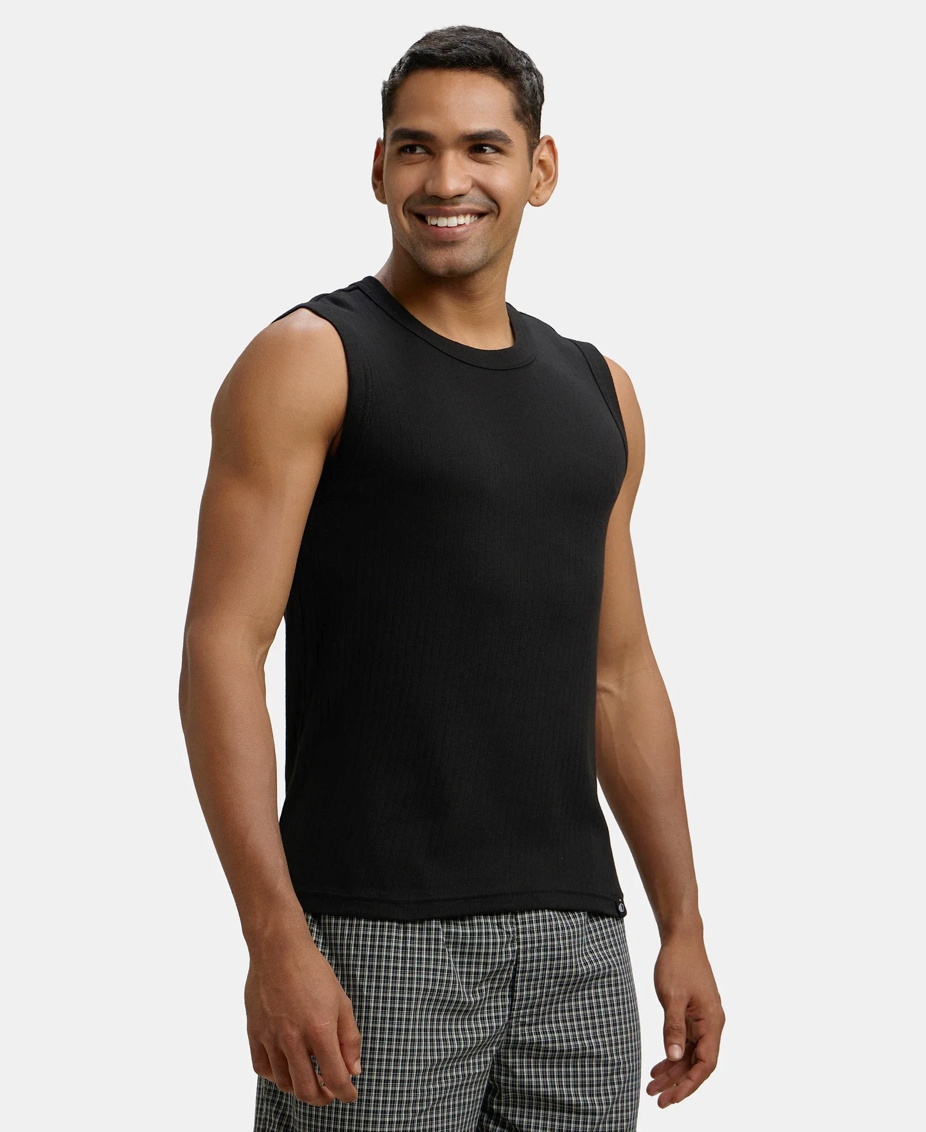 Super Combed Cotton Rib Solid Round Neck Muscle Vest - Black & White (Pack of 2) - Image 4