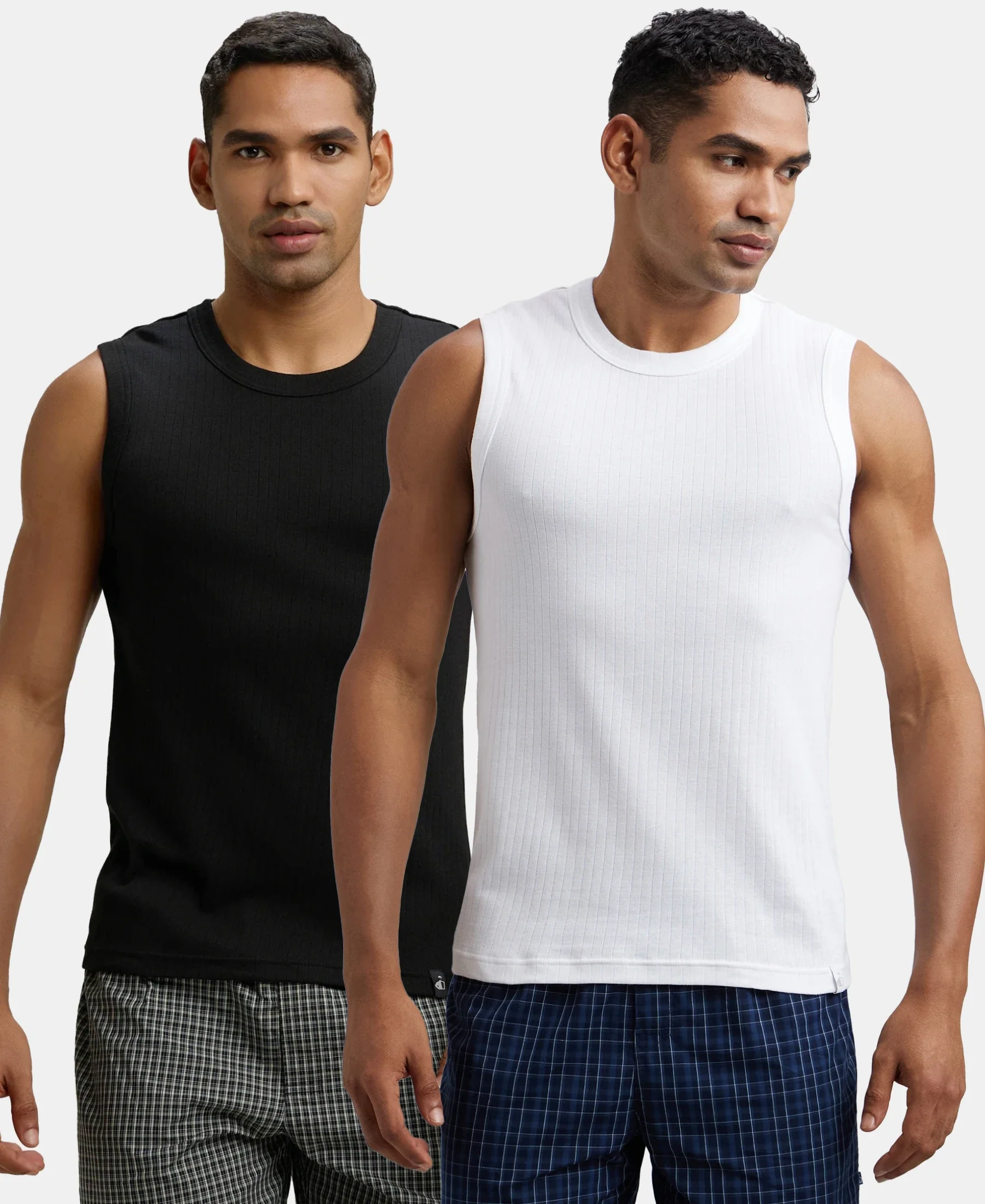 Super Combed Cotton Rib Solid Round Neck Muscle Vest - Black & White (Pack of 2) - Image 5