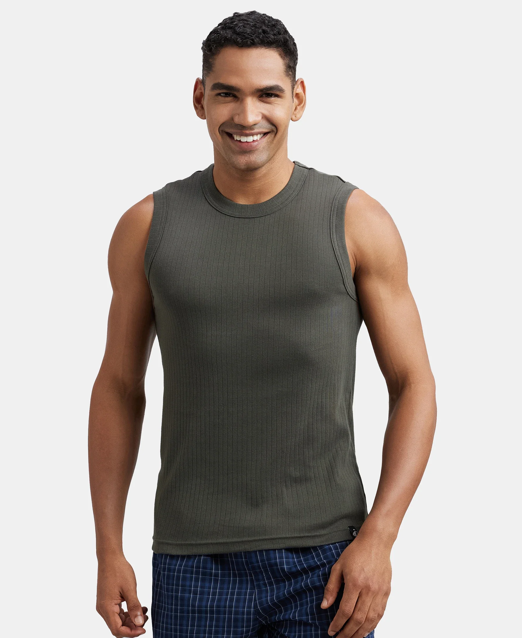Super Combed Cotton Rib Solid Round Neck Muscle Vest - Deep Olive - Image 5