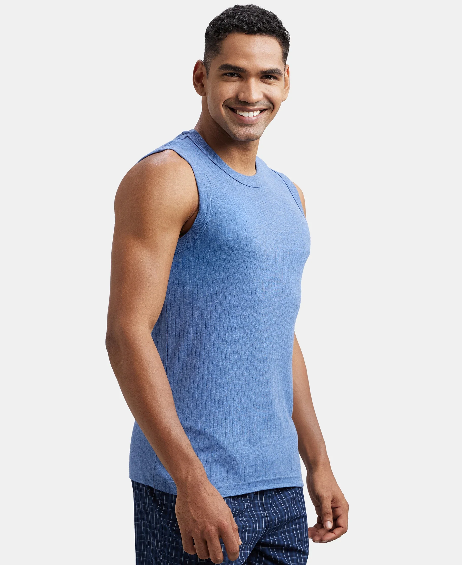 Super Combed Cotton Rib Solid Round Neck Muscle Vest - Light Denim Melange - Image 2
