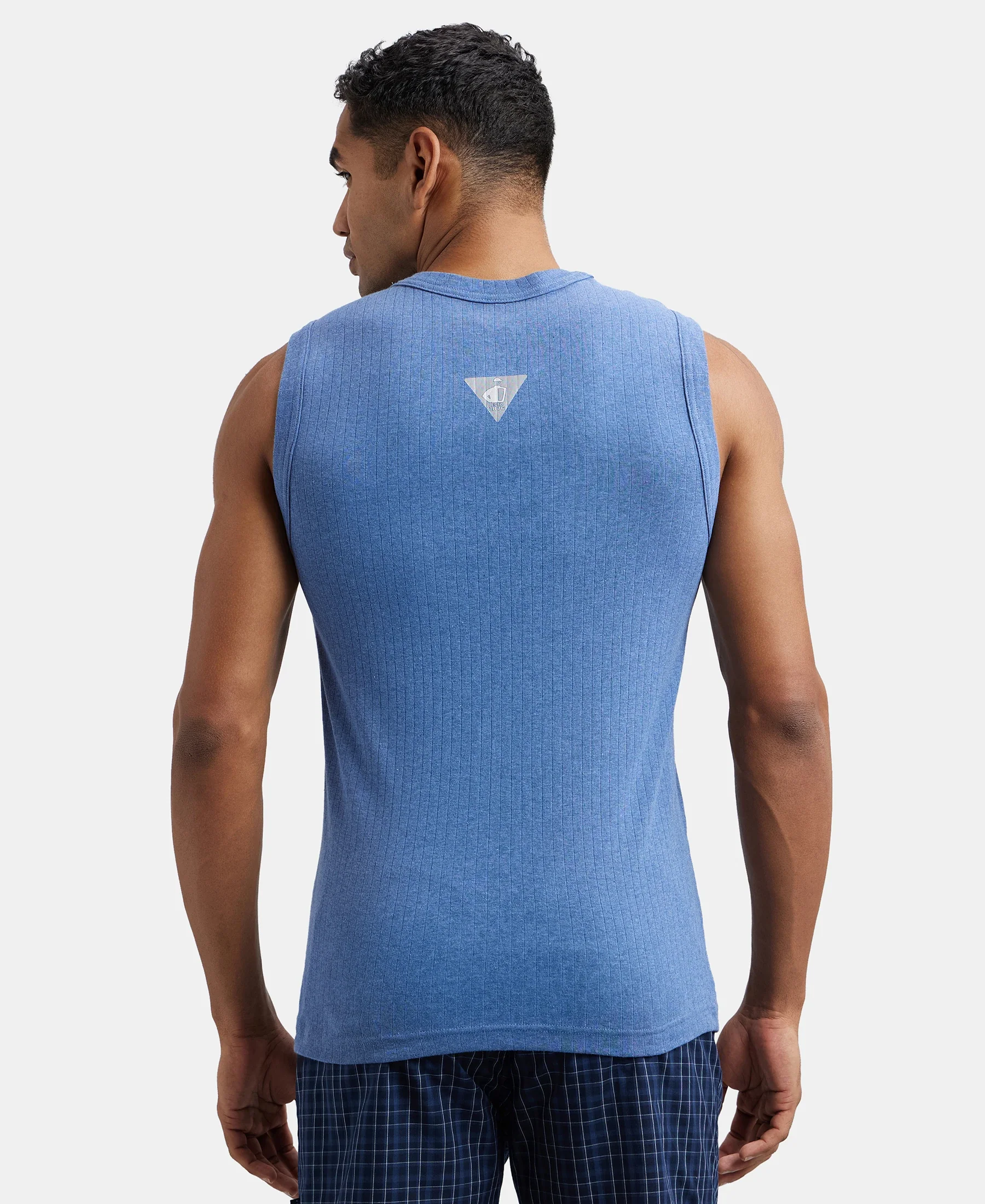 Super Combed Cotton Rib Solid Round Neck Muscle Vest - Light Denim Melange - Image 3