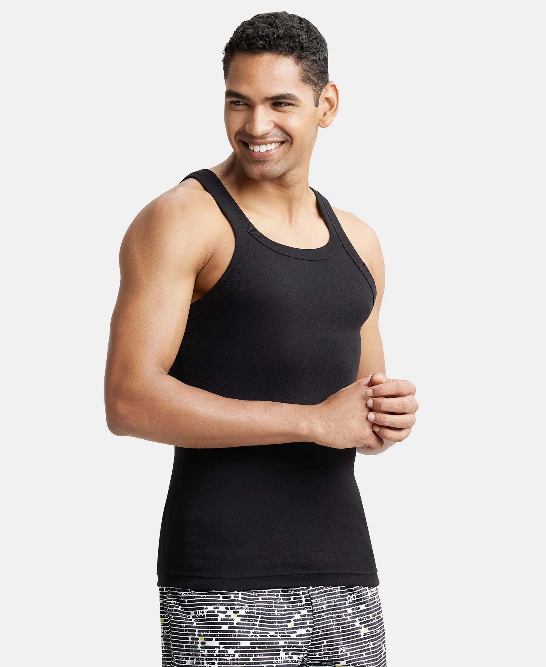 Super Combed Cotton Rib Square Neck Gym Vest - Black (Pack of 2) - Image 2