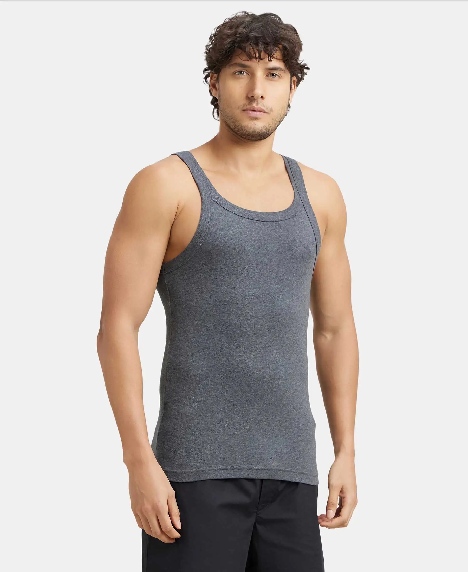 Super Combed Cotton Rib Square Neck Gym Vest - Charcoal Melange (Pack of 2) - Image 3