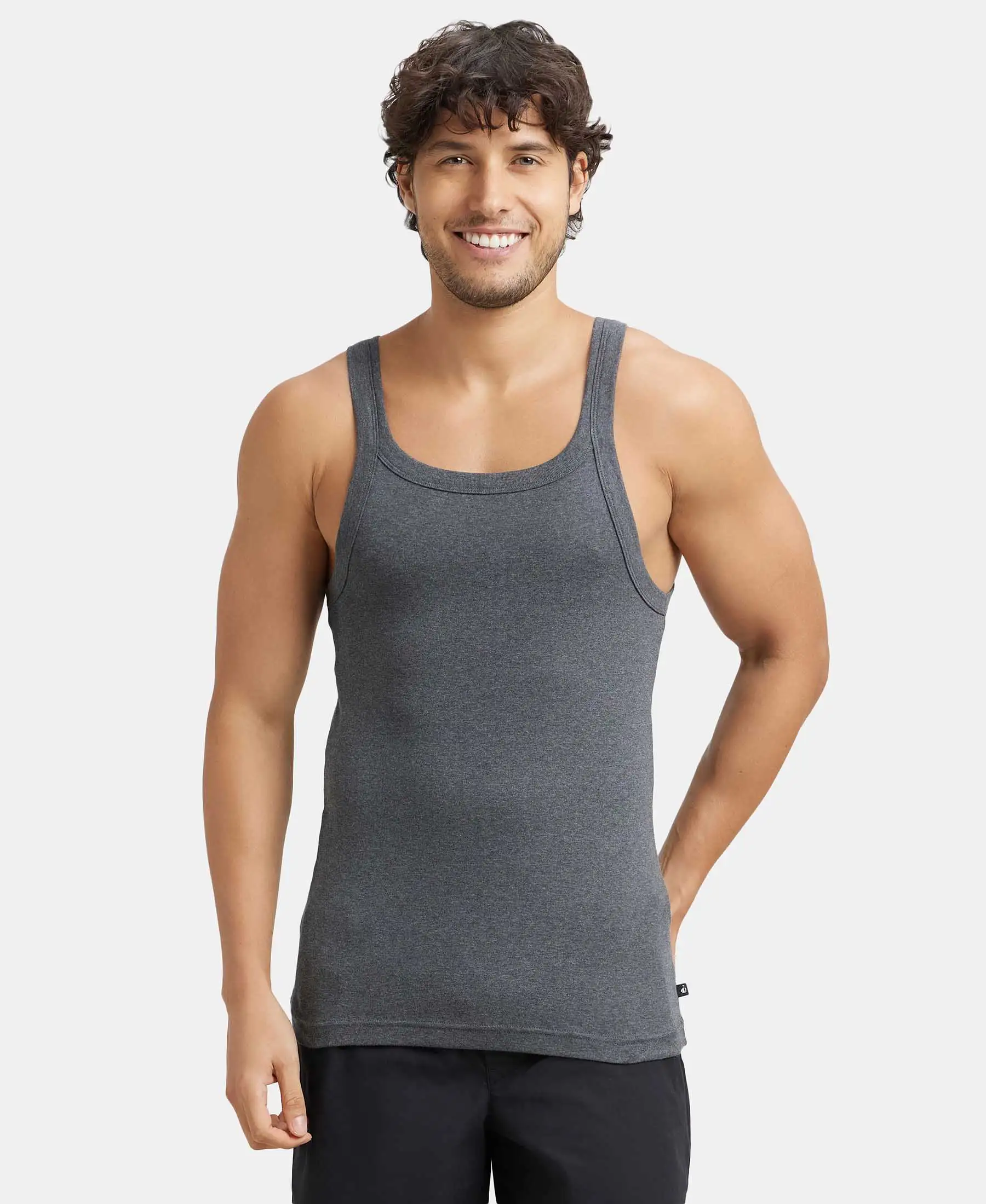 Super Combed Cotton Rib Square Neck Gym Vest - Charcoal Melange (Pack of 2) - Image 6