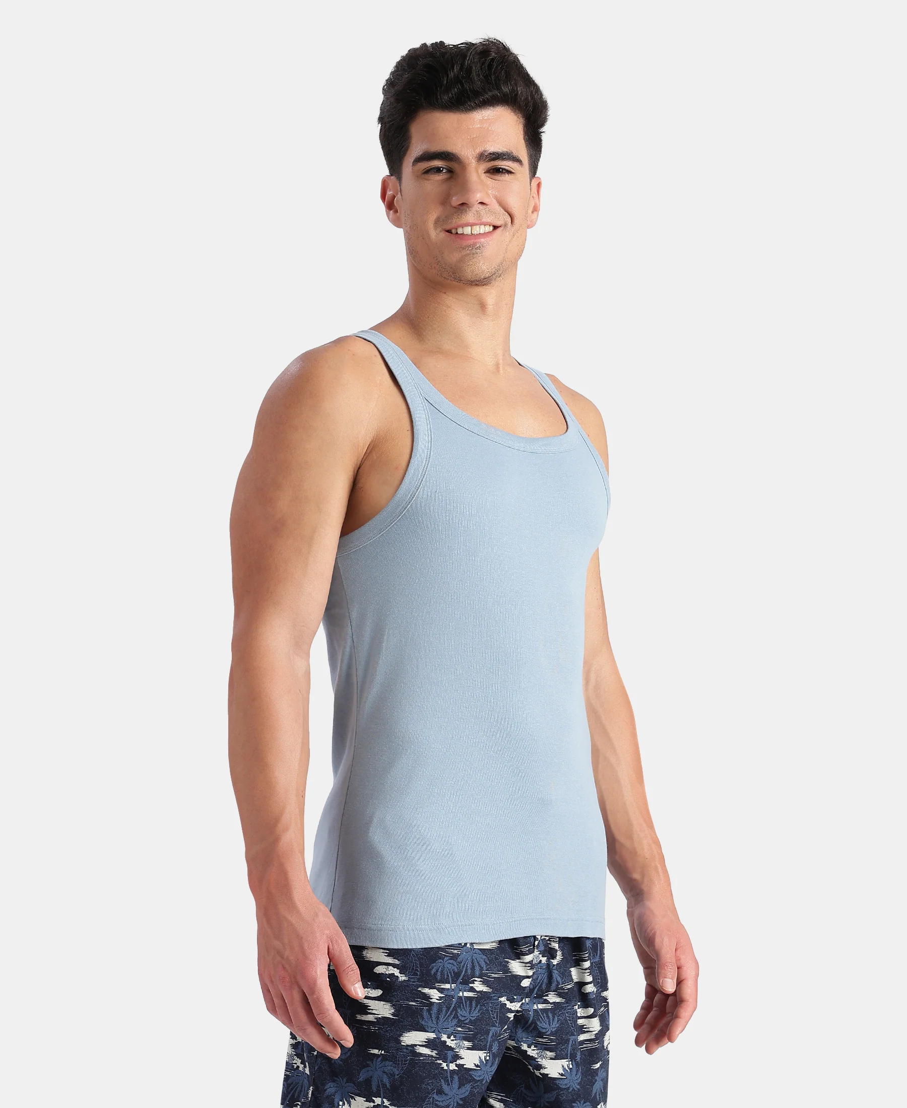 Super Combed Cotton Rib Square Neck Gym Vest - Faded Denim - Image 2
