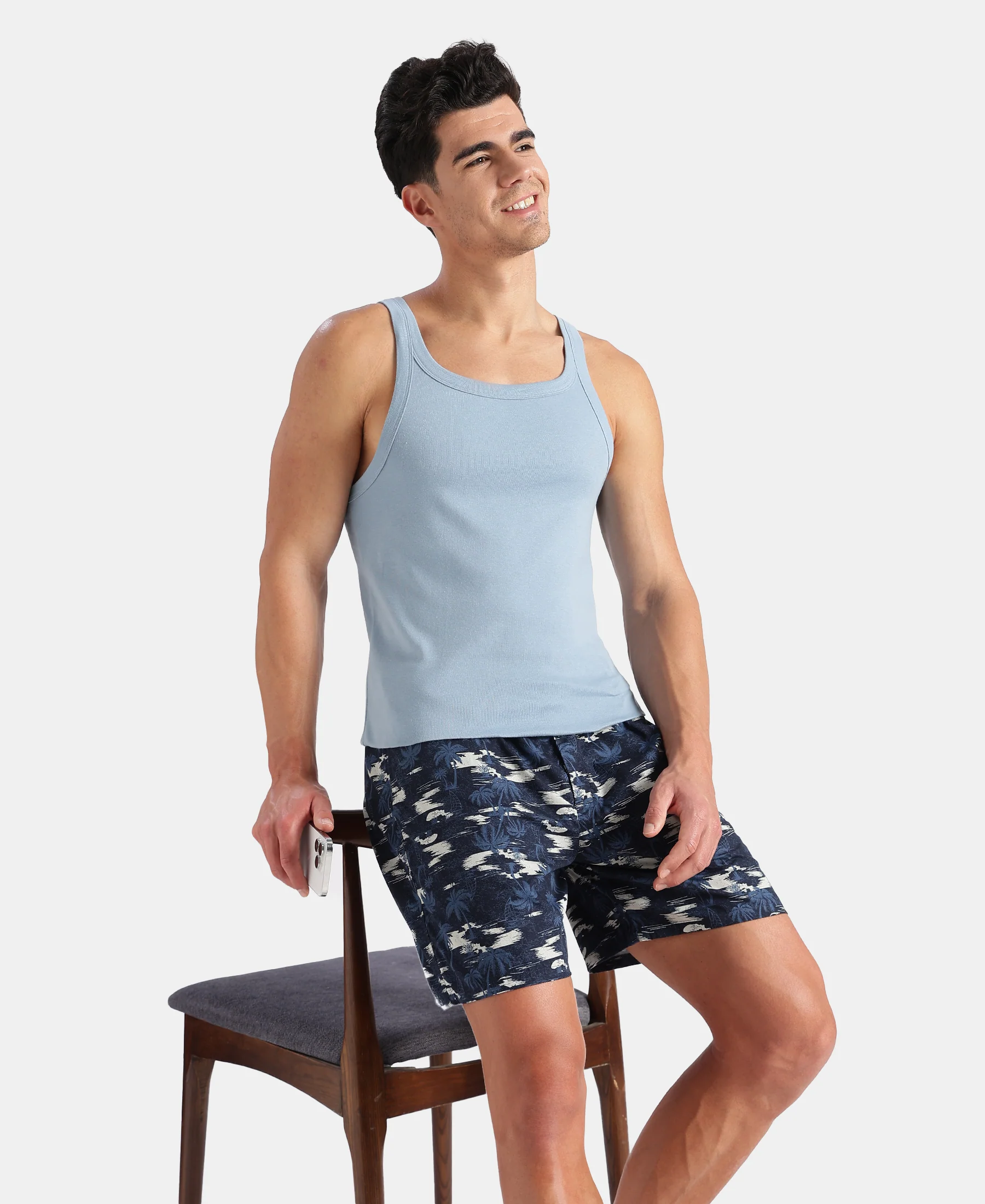 Super Combed Cotton Rib Square Neck Gym Vest - Faded Denim - Image 5