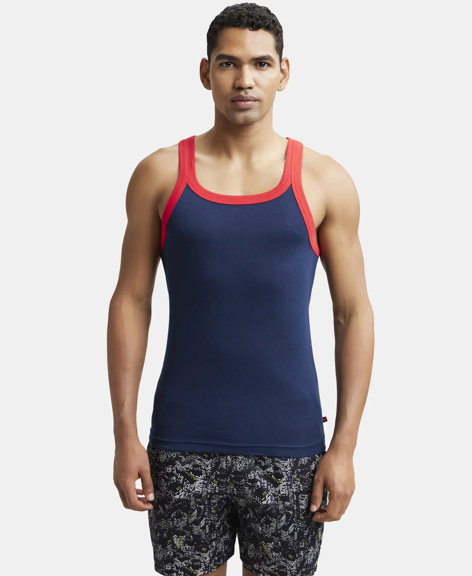 Super Combed Cotton Rib Square Neck Gym Vest - Navy & Red Pepper