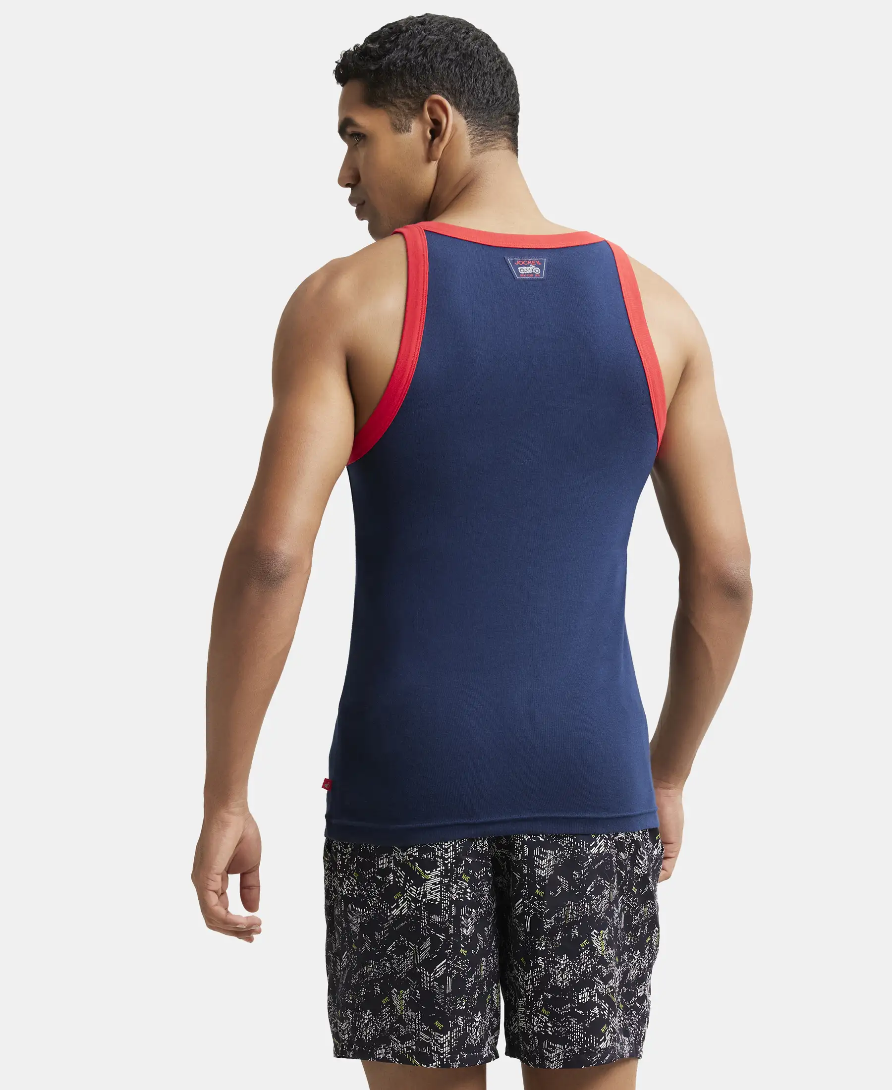 Super Combed Cotton Rib Square Neck Gym Vest - Navy & Red Pepper - Image 3