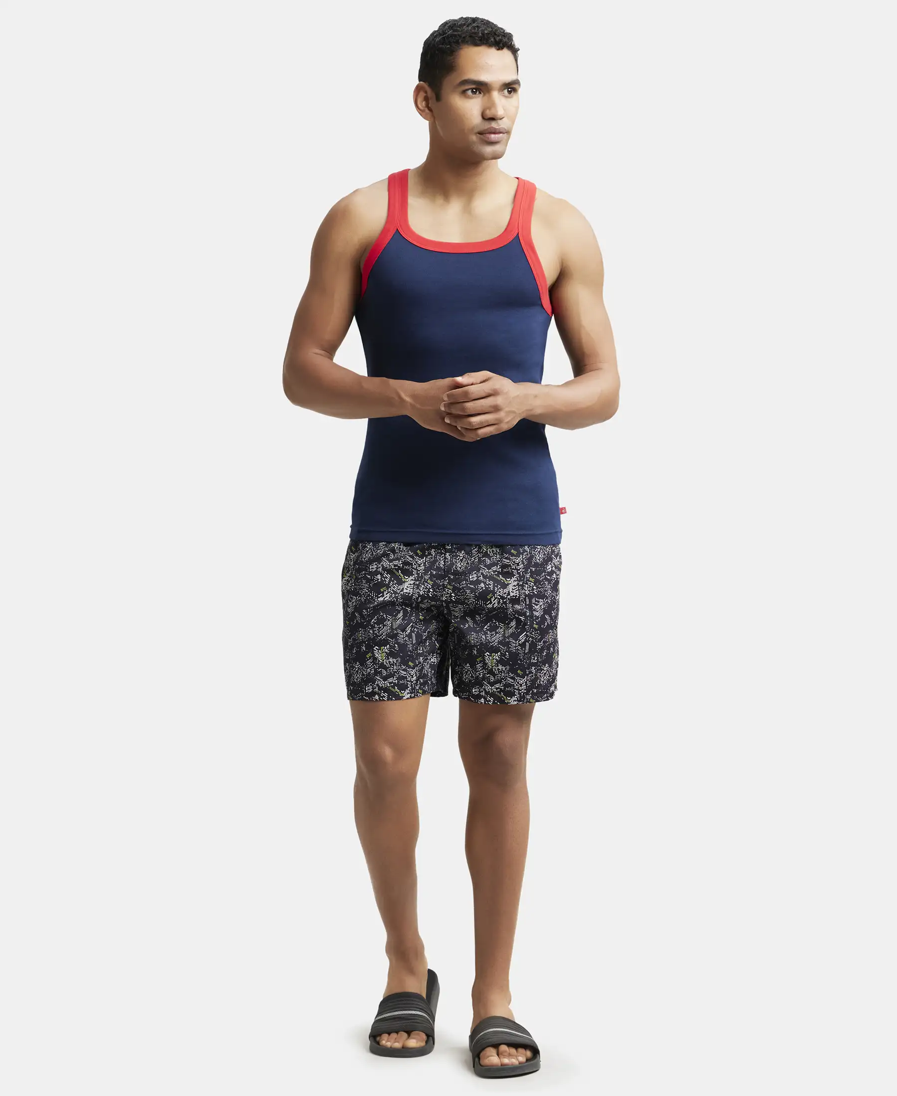 Super Combed Cotton Rib Square Neck Gym Vest - Navy & Red Pepper - Image 4