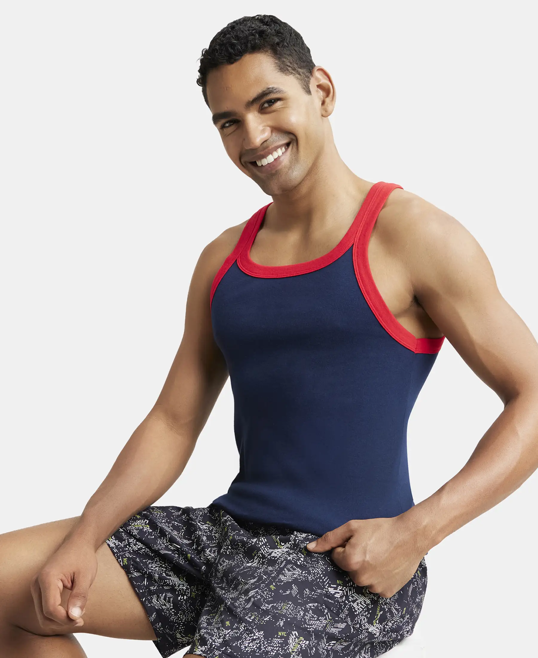 Super Combed Cotton Rib Square Neck Gym Vest - Navy & Red Pepper - Image 5