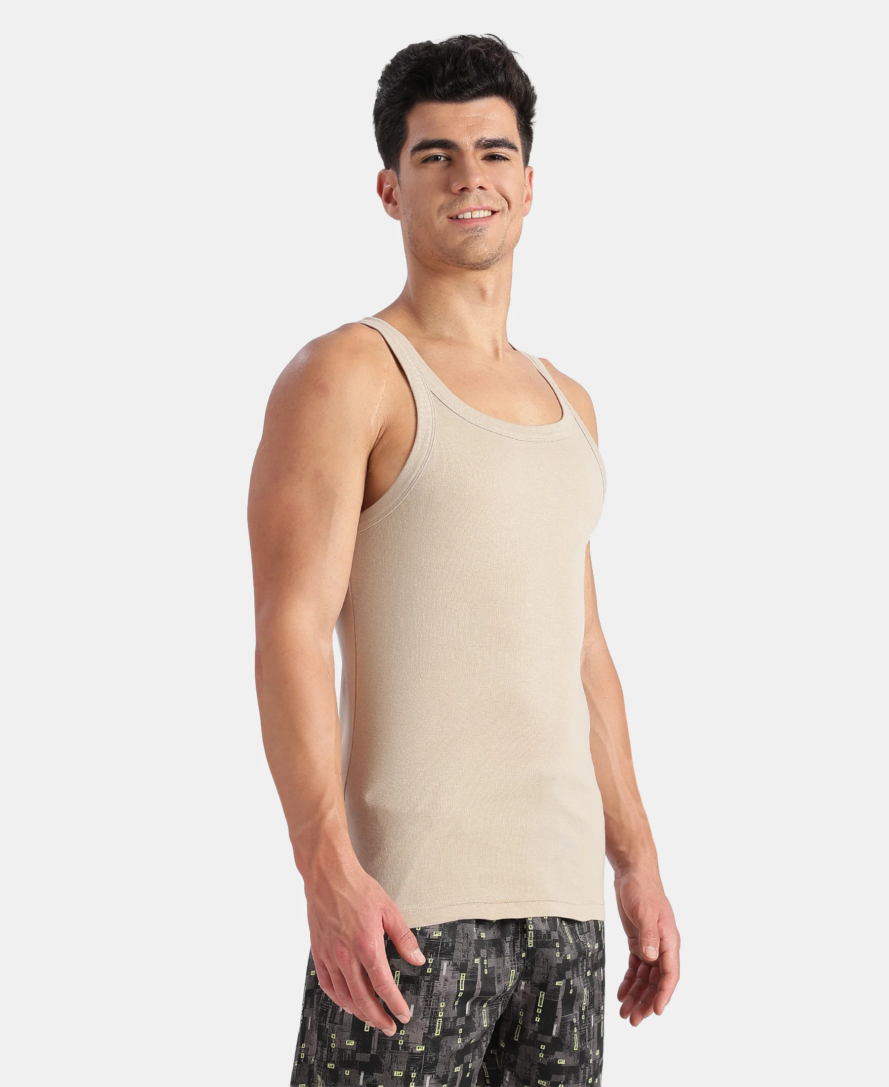 Super Combed Cotton Rib Square Neck Gym Vest - Plaza Taupe - Image 2