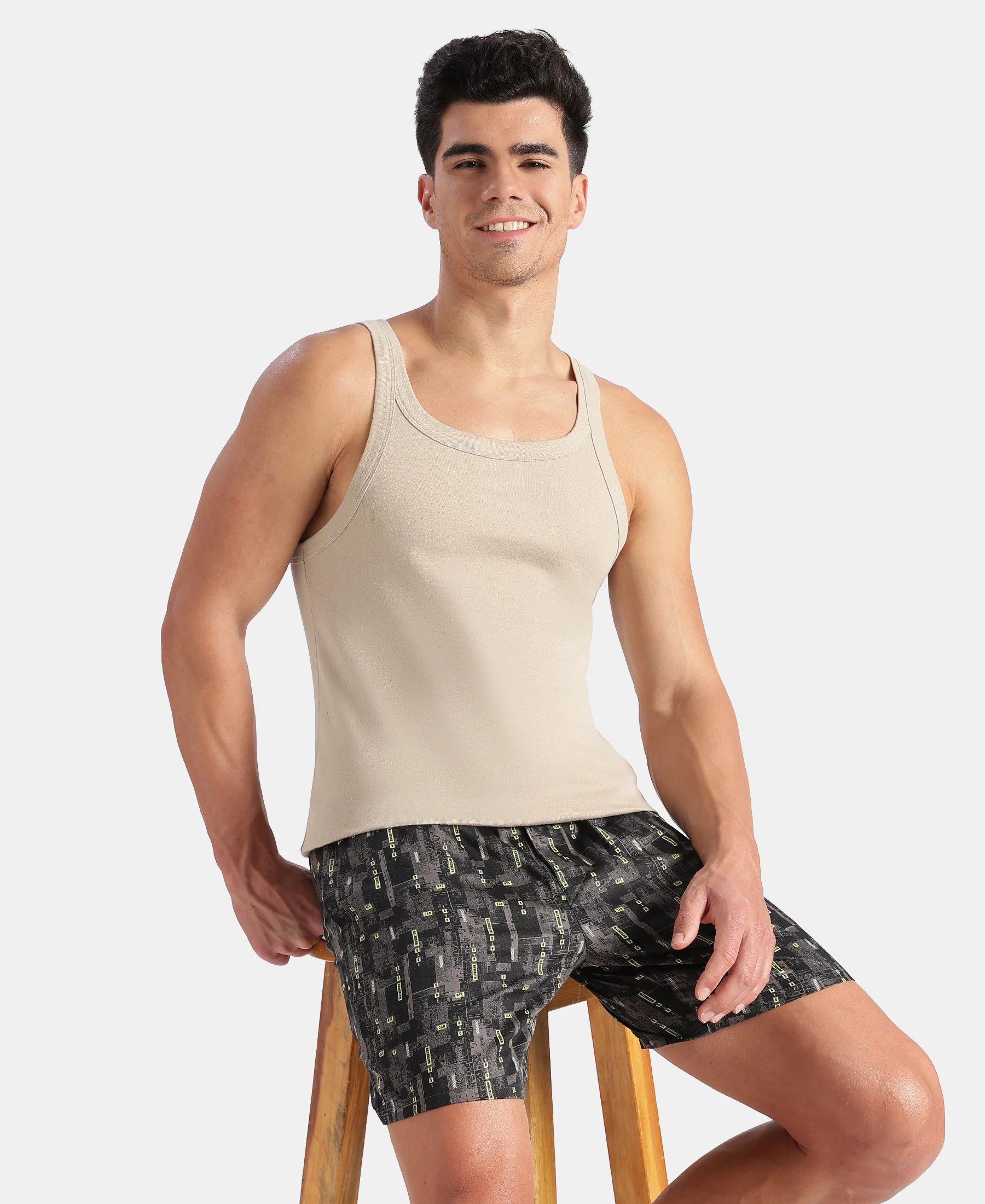 Super Combed Cotton Rib Square Neck Gym Vest - Plaza Taupe - Image 5
