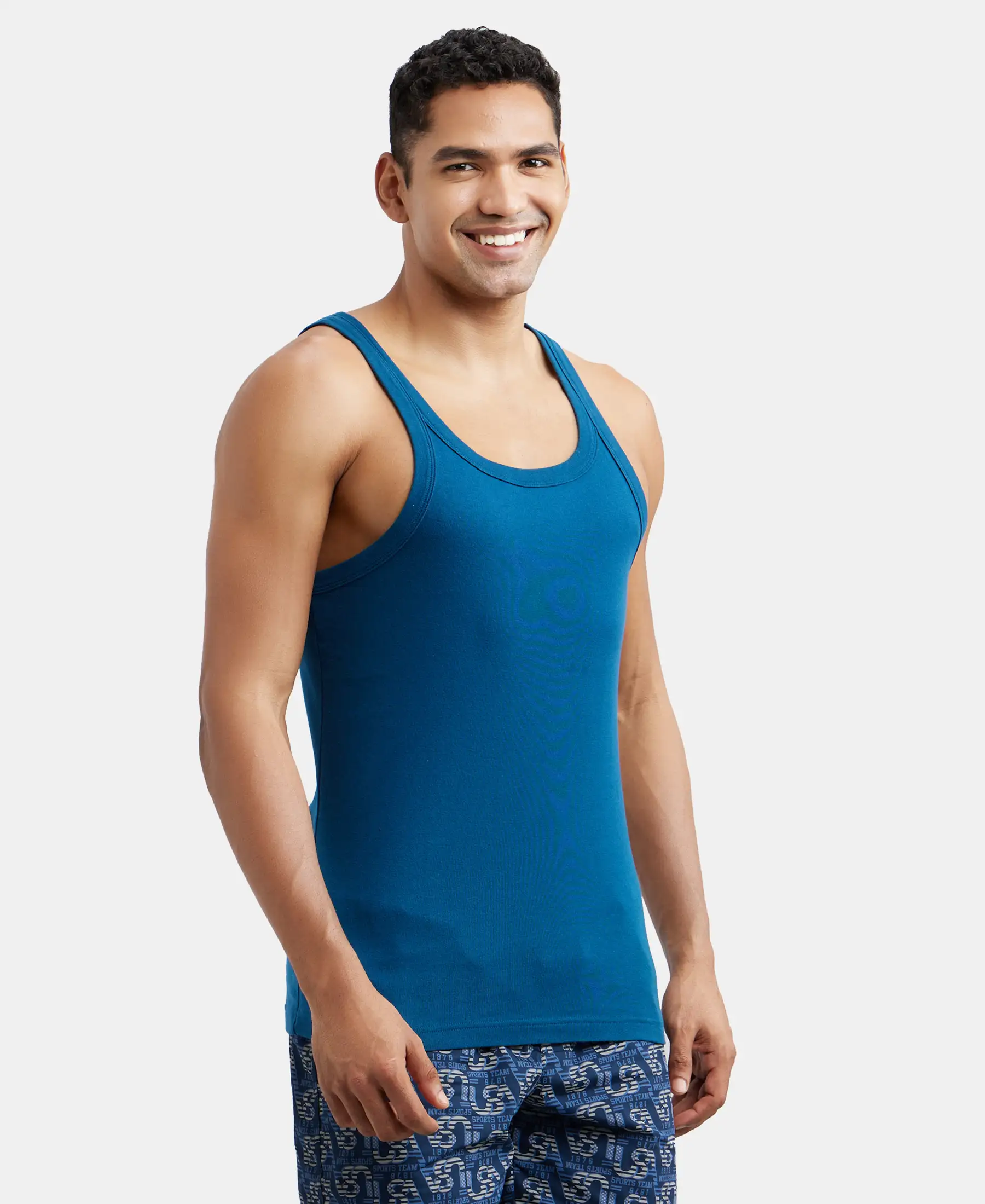 Super Combed Cotton Rib Square Neck Gym Vest - Poseidon - Image 2