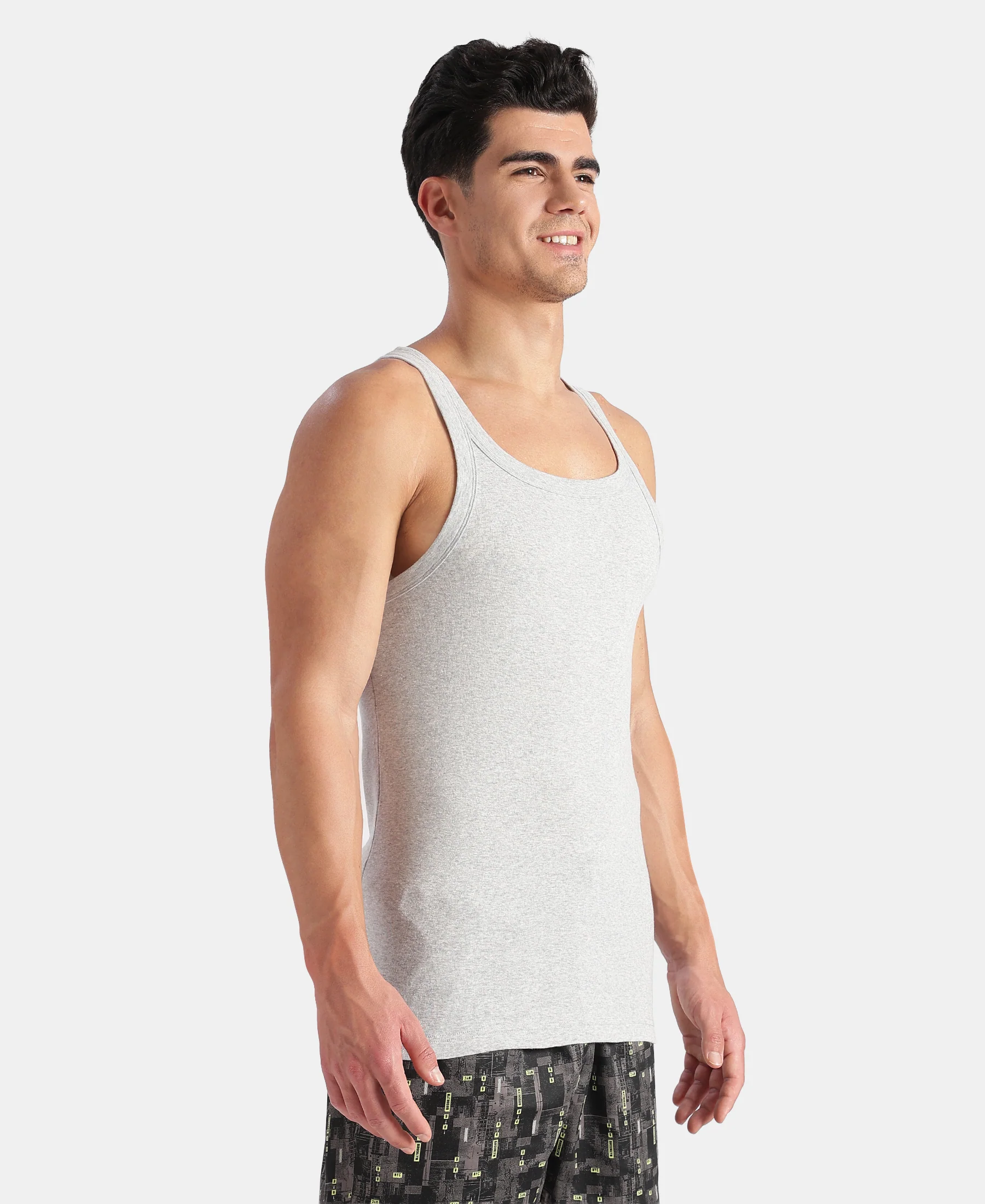 Super Combed Cotton Rib Square Neck Gym Vest - Steel Grey Melange - Image 2