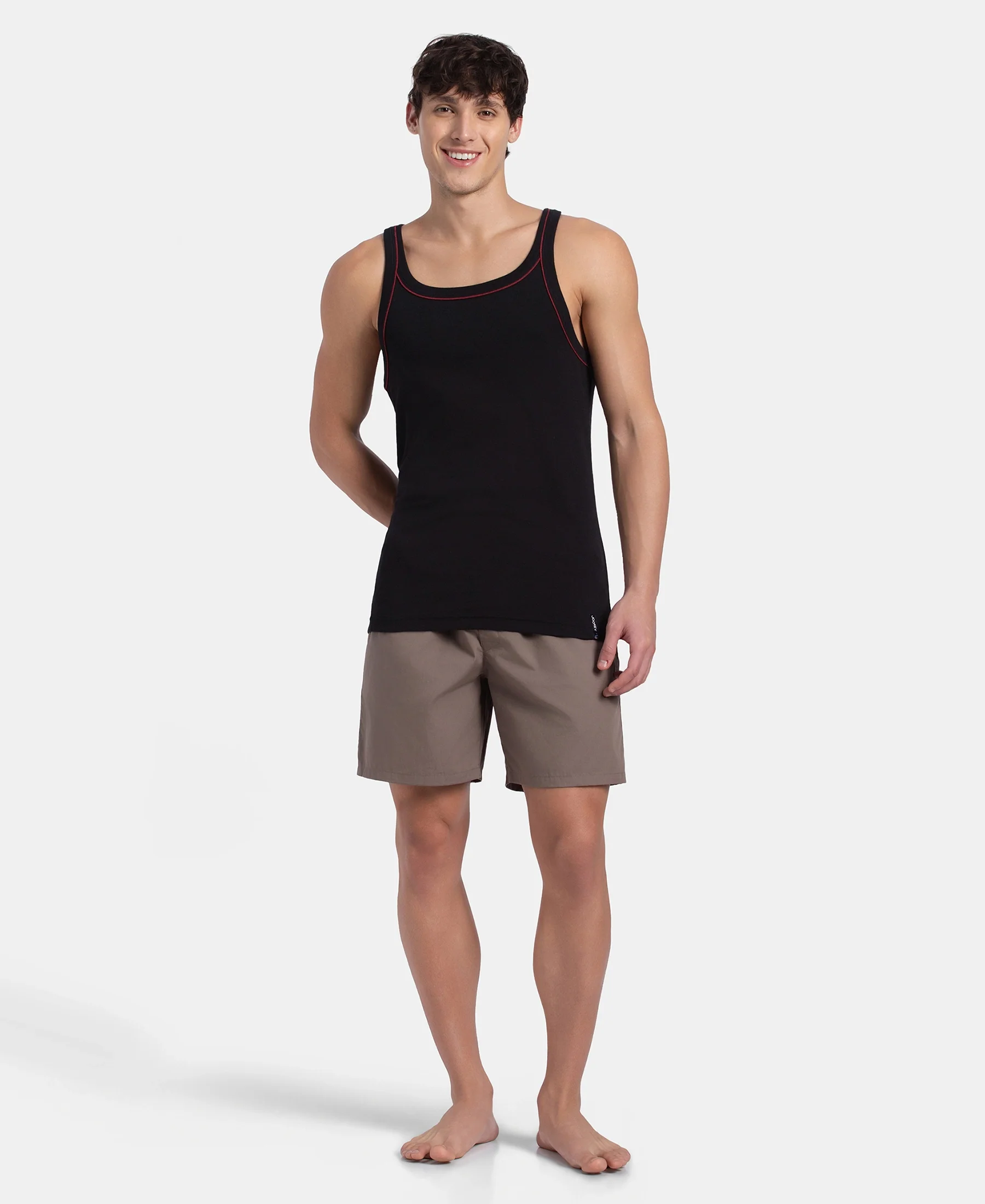 Super Combed Cotton Rib Square Neck Gym Vest with Graphic Print - Black & Grey Melange - Image 6