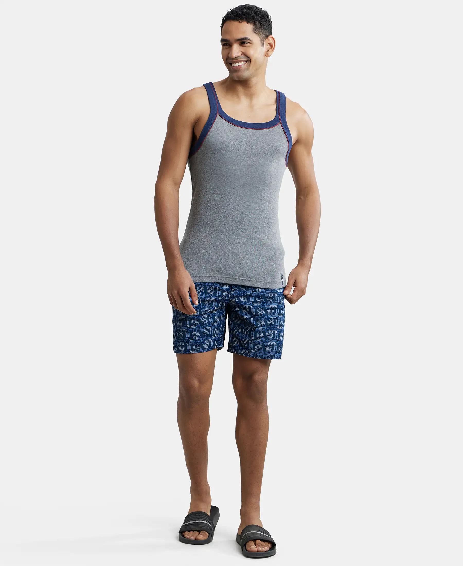 Super Combed Cotton Rib Square Neck Gym Vest with Graphic Print - Grey Melange & Ink Blue - Image 4