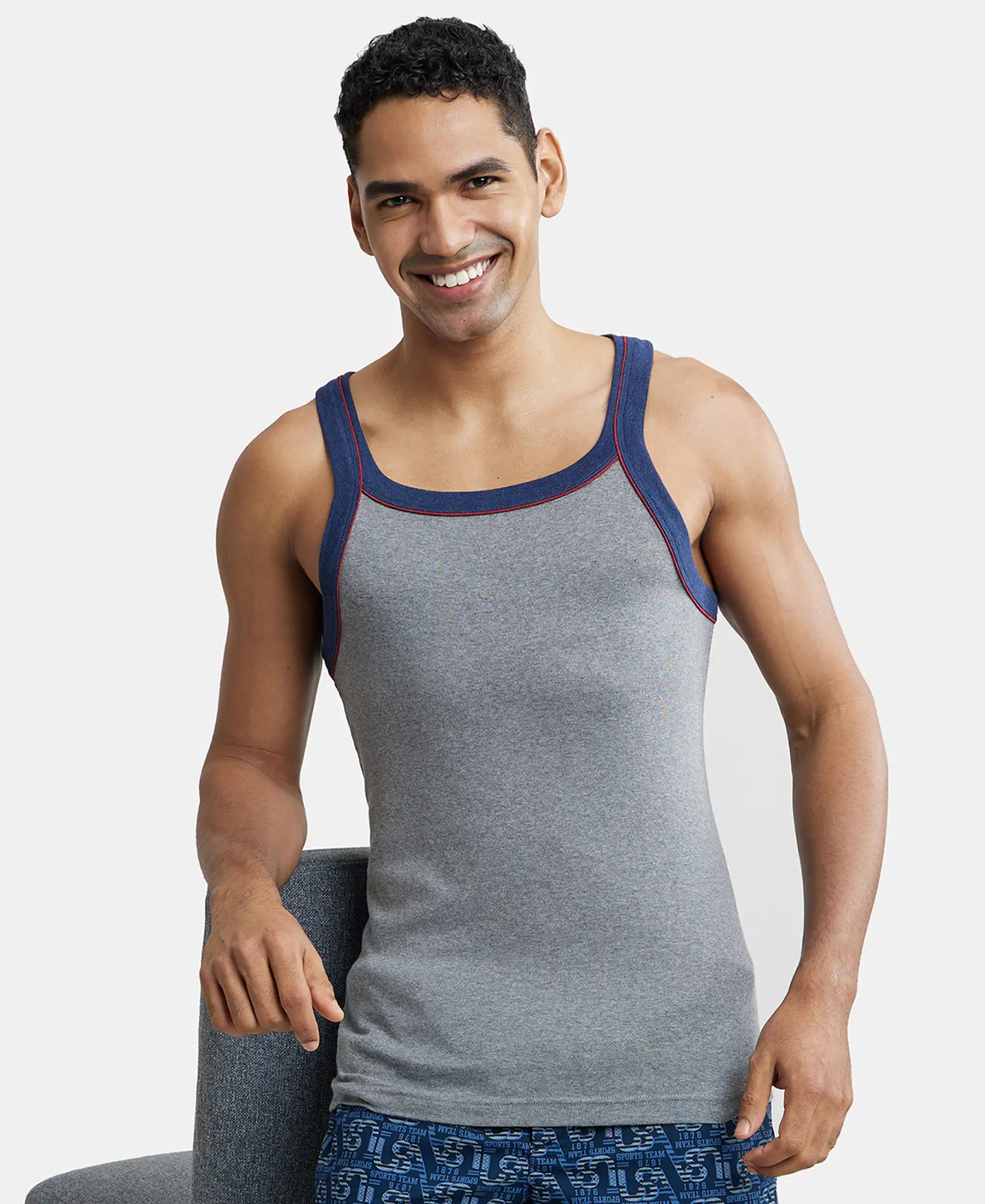 Super Combed Cotton Rib Square Neck Gym Vest with Graphic Print - Grey Melange & Ink Blue - Image 5