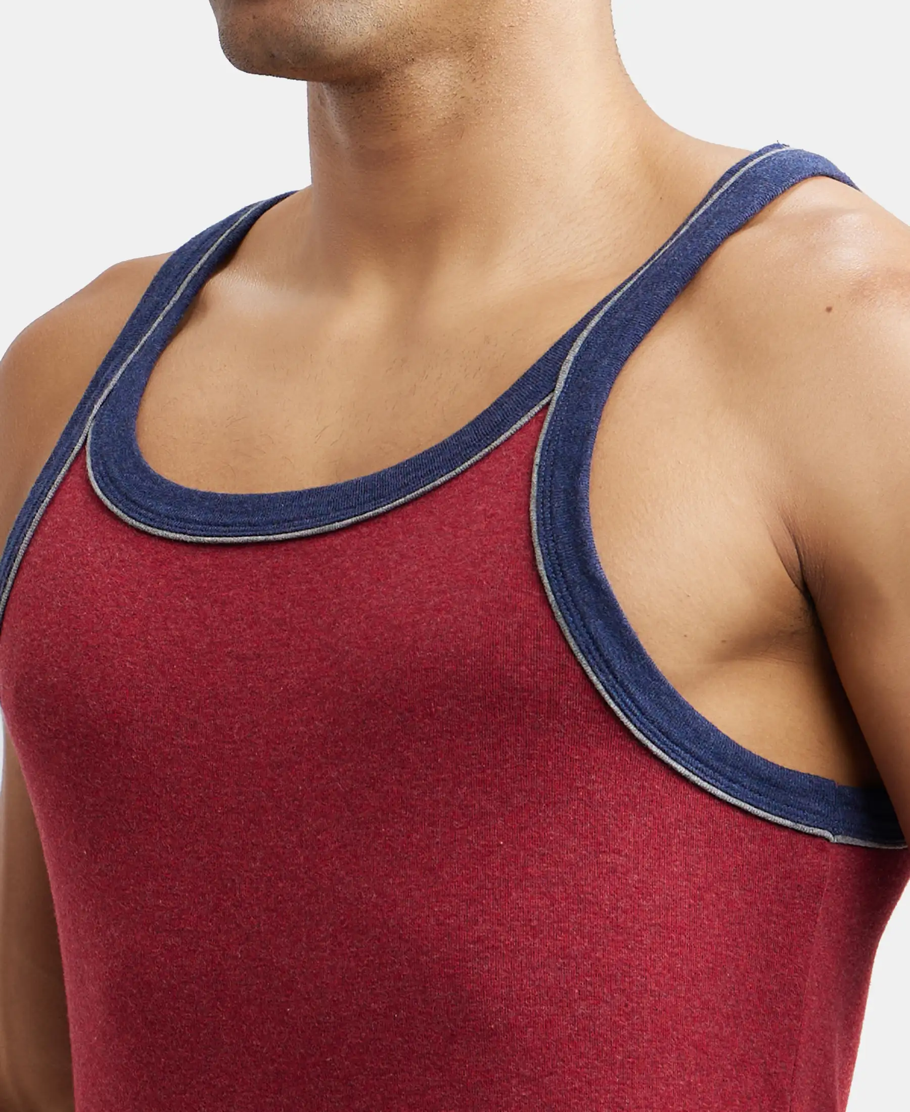 Super Combed Cotton Rib Square Neck Gym Vest with Graphic Print - Red Melange - Image 6