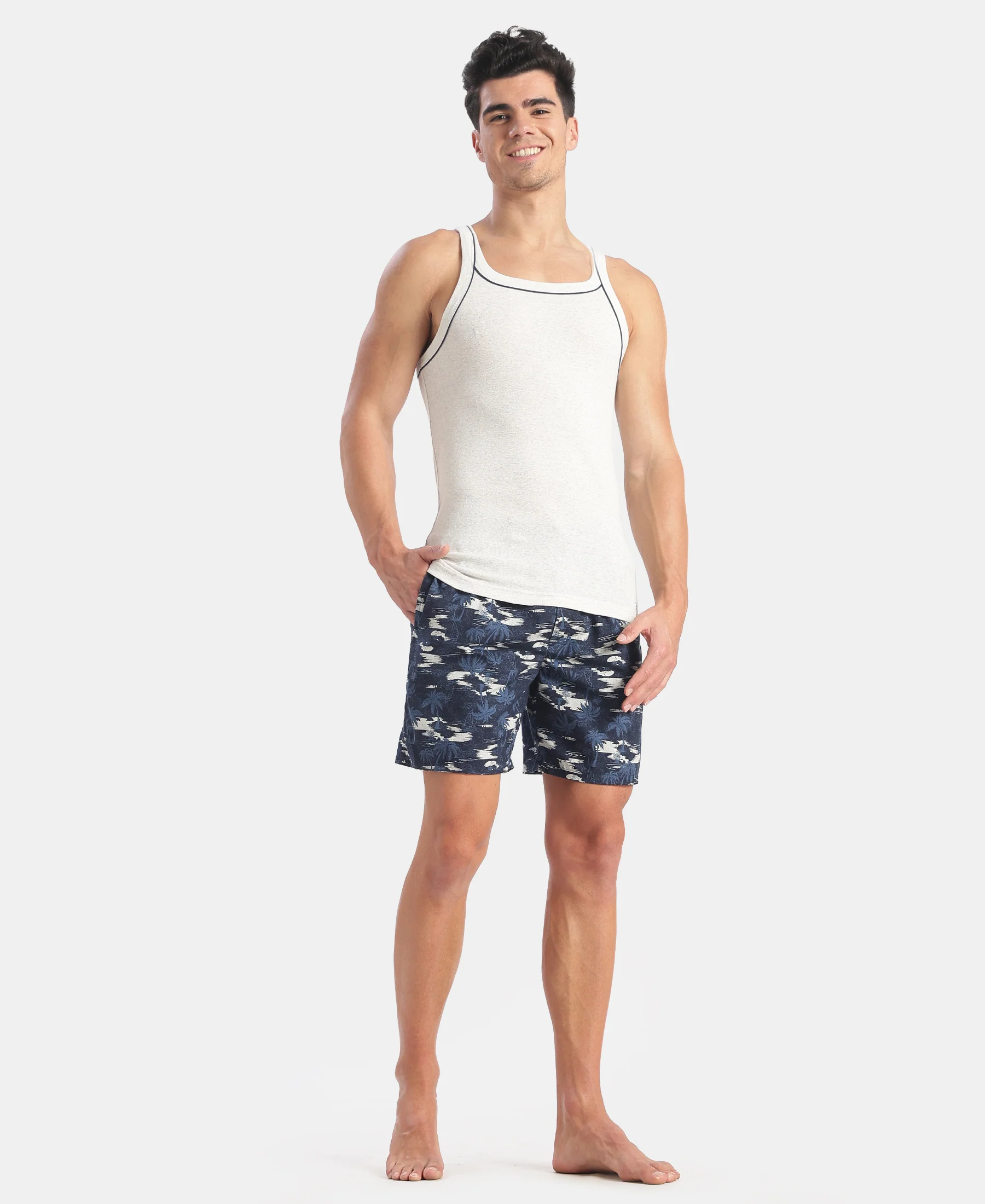 Super Combed Cotton Rib Square Neck Gym Vest with Graphic Print - Snow White Melange - Image 4