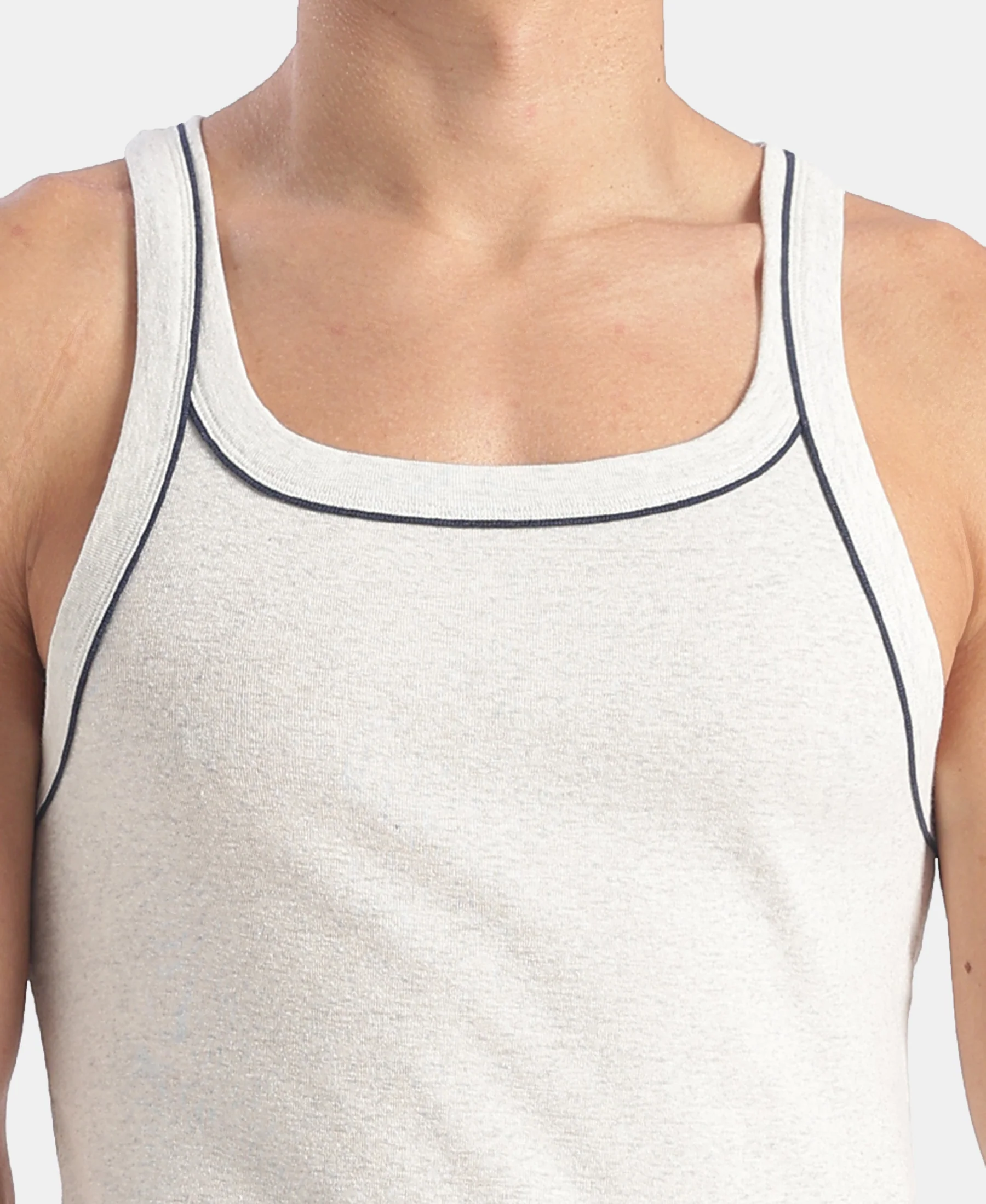 Super Combed Cotton Rib Square Neck Gym Vest with Graphic Print - Snow White Melange - Image 7