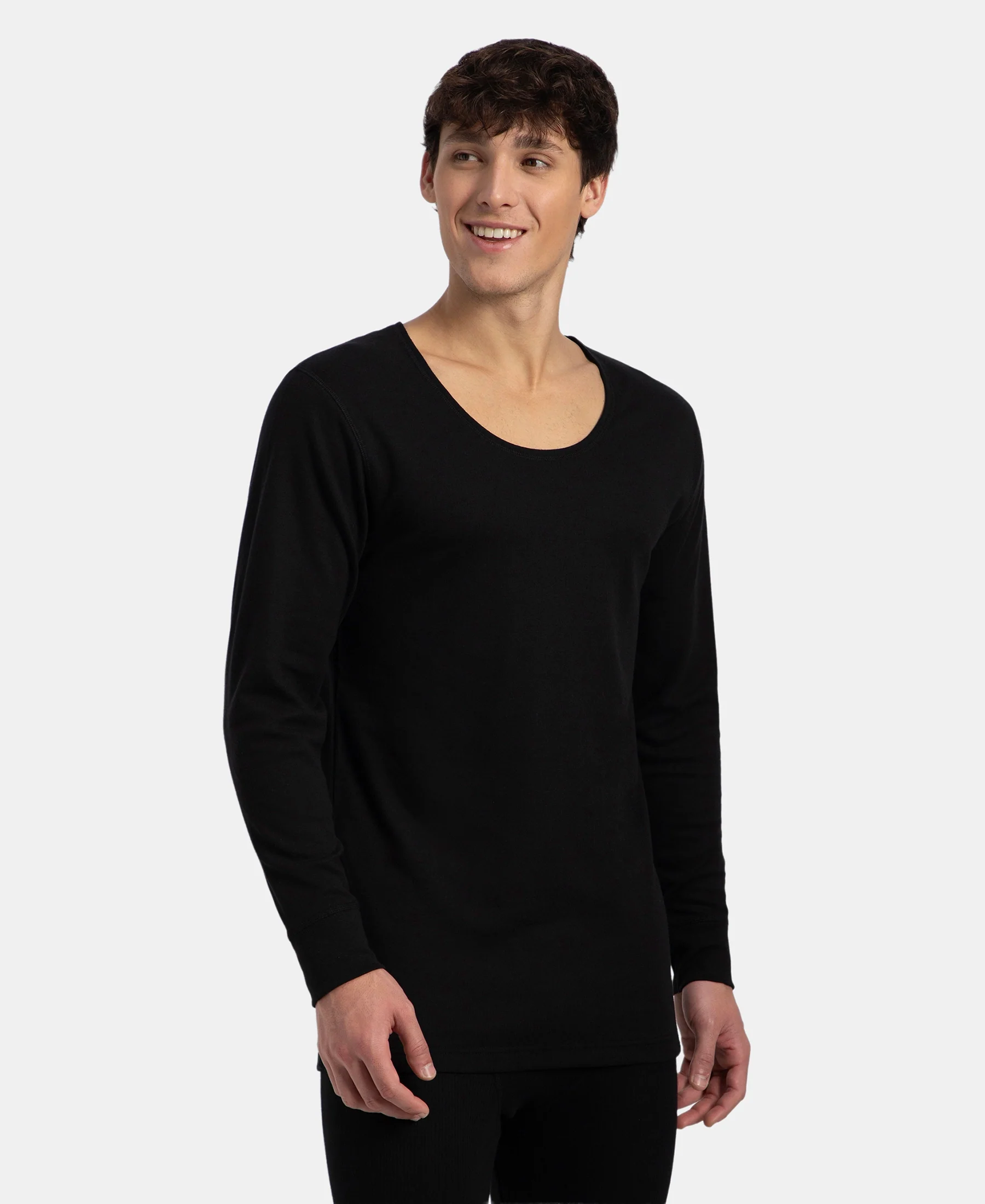 Super Warm Super Combed Cotton Rich Brushed Fabric Full Sleeved Thermal Undershirt with StayWarm Technology - Black - Image 2