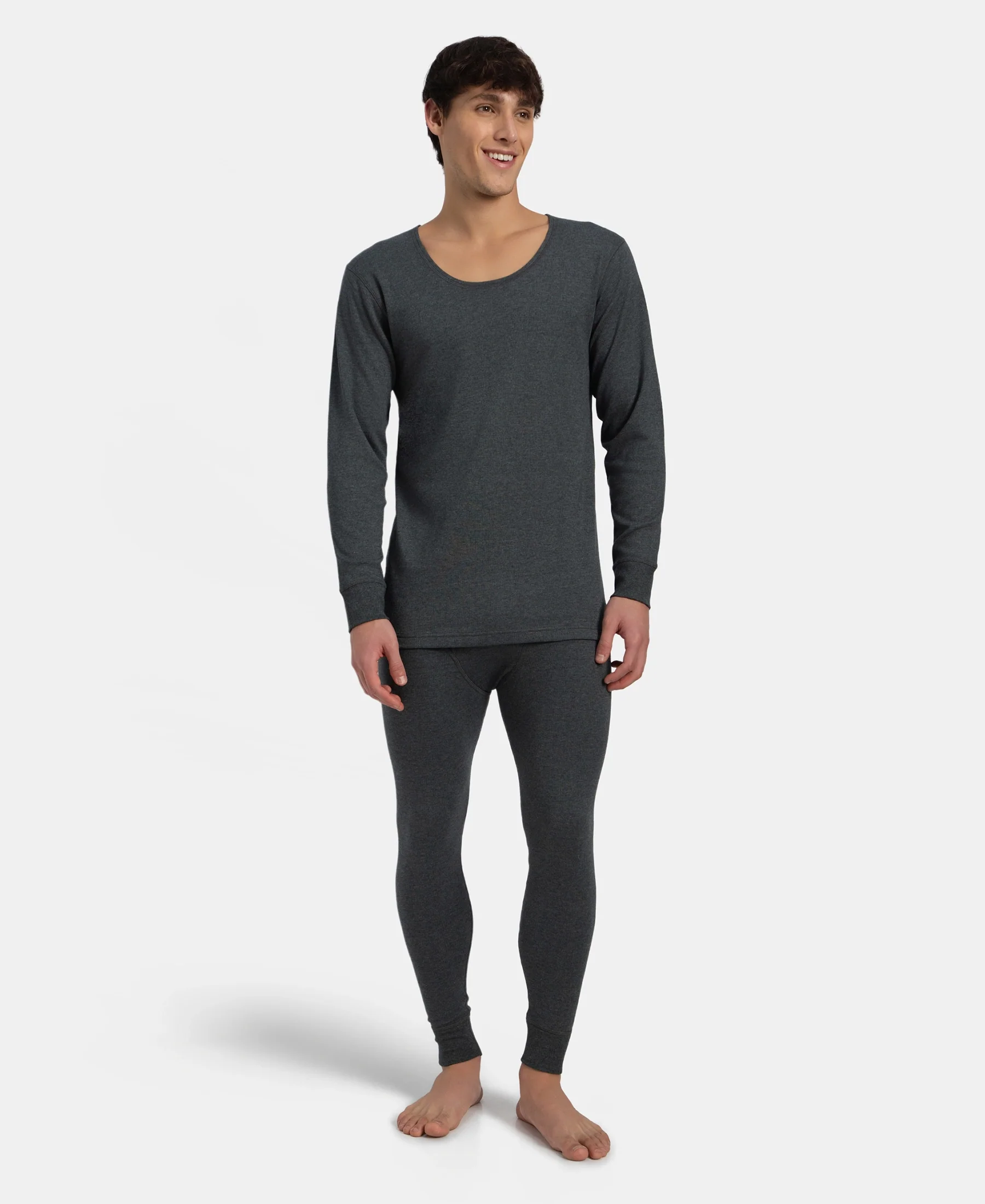 Super Warm Super Combed Cotton Rich Brushed Fabric Full Sleeved Thermal Undershirt with StayWarm Technology - Charcoal Melange - Image 4
