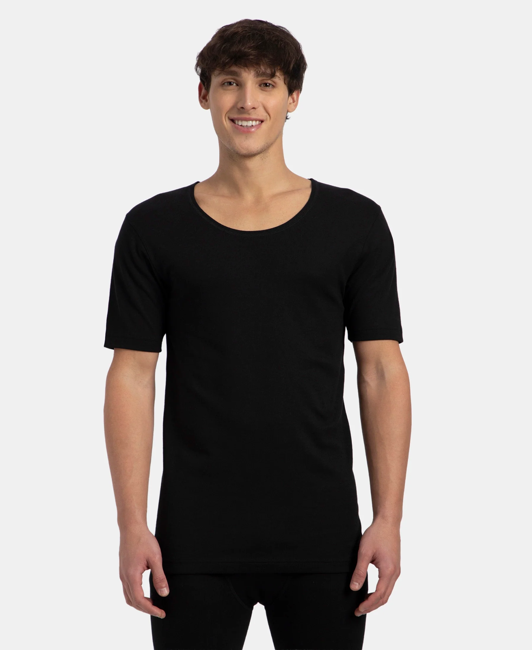 Super Warm Super Combed Cotton Rich Brushed Fabric Half Sleeved Thermal Undershirt with StayWarm Technology - Black