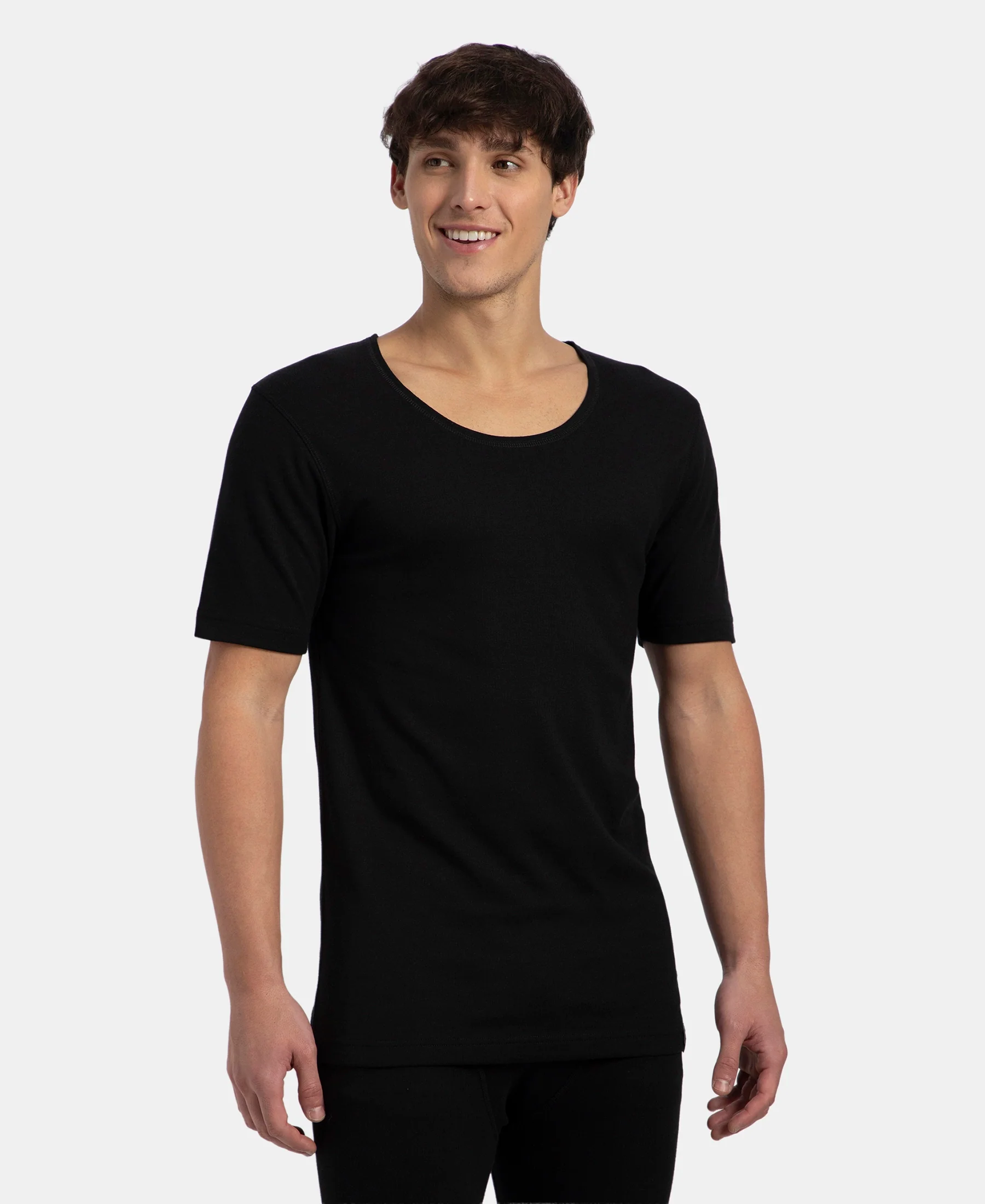 Super Warm Super Combed Cotton Rich Brushed Fabric Half Sleeved Thermal Undershirt with StayWarm Technology - Black - Image 2