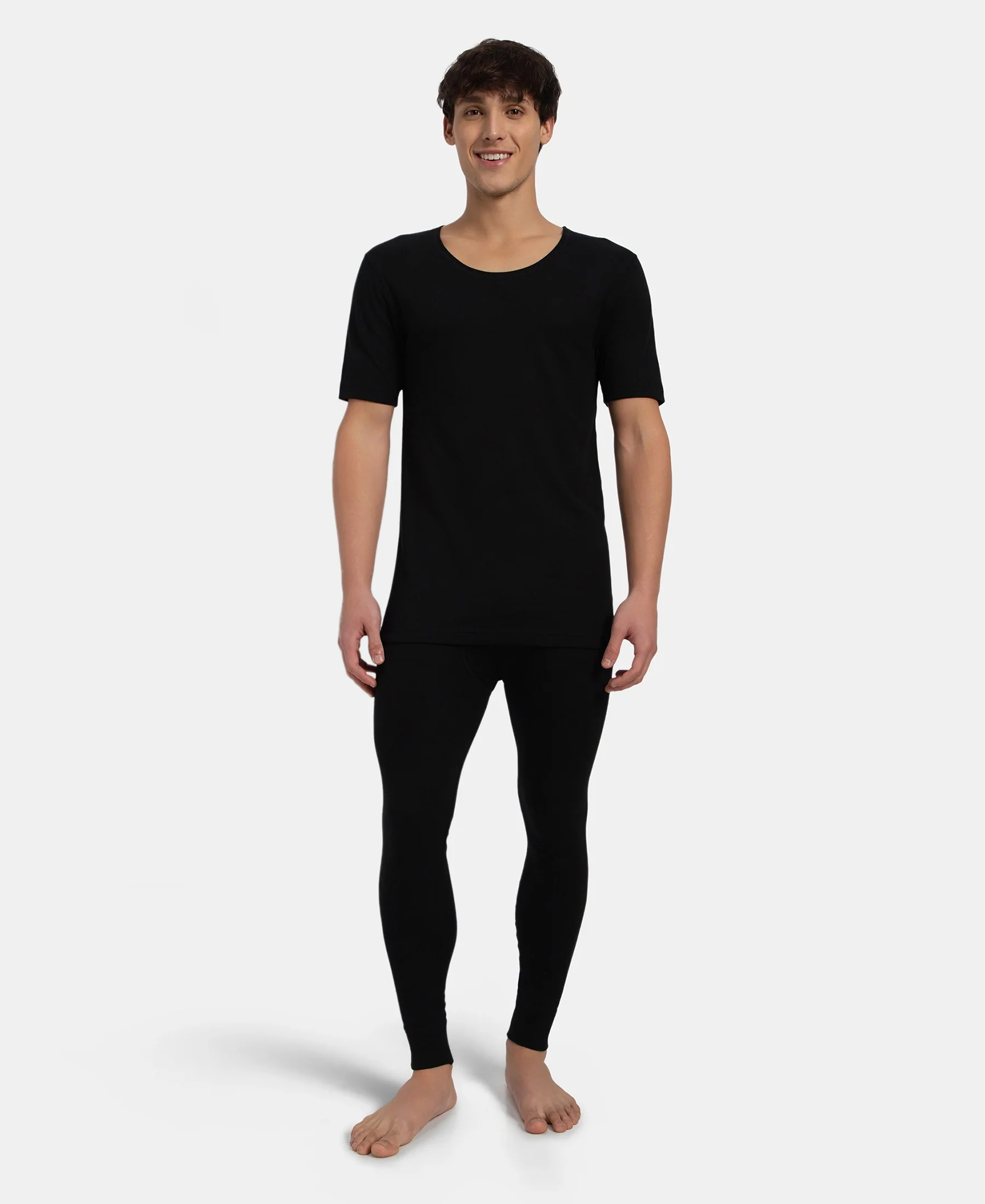 Super Warm Super Combed Cotton Rich Brushed Fabric Half Sleeved Thermal Undershirt with StayWarm Technology - Black - Image 4
