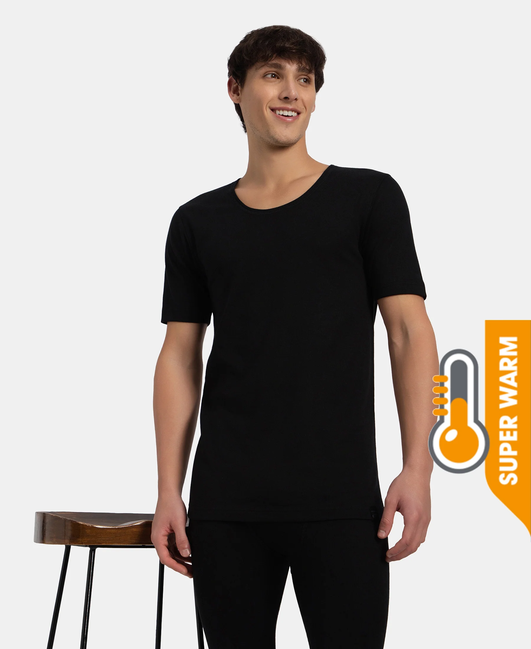 Super Warm Super Combed Cotton Rich Brushed Fabric Half Sleeved Thermal Undershirt with StayWarm Technology - Black - Image 5