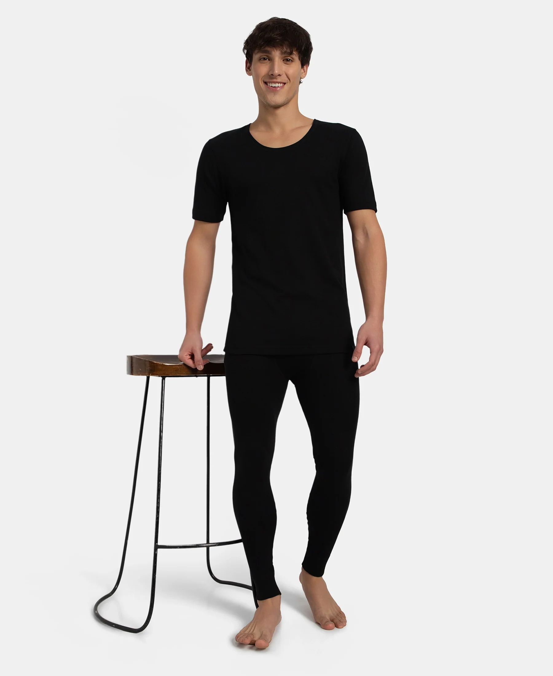 Super Warm Super Combed Cotton Rich Brushed Fabric Half Sleeved Thermal Undershirt with StayWarm Technology - Black - Image 6