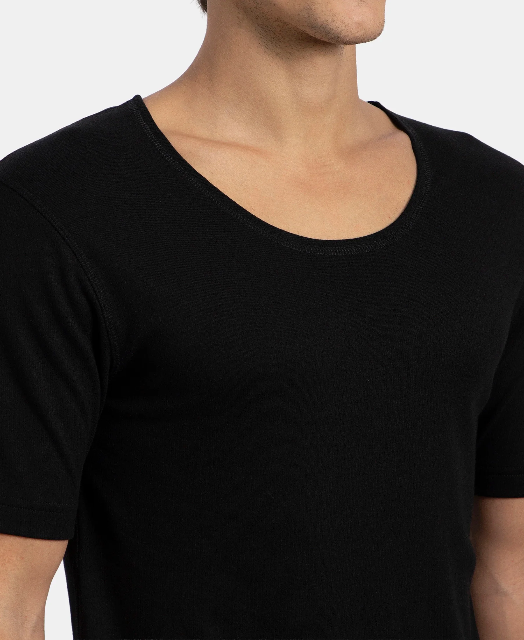 Super Warm Super Combed Cotton Rich Brushed Fabric Half Sleeved Thermal Undershirt with StayWarm Technology - Black - Image 7
