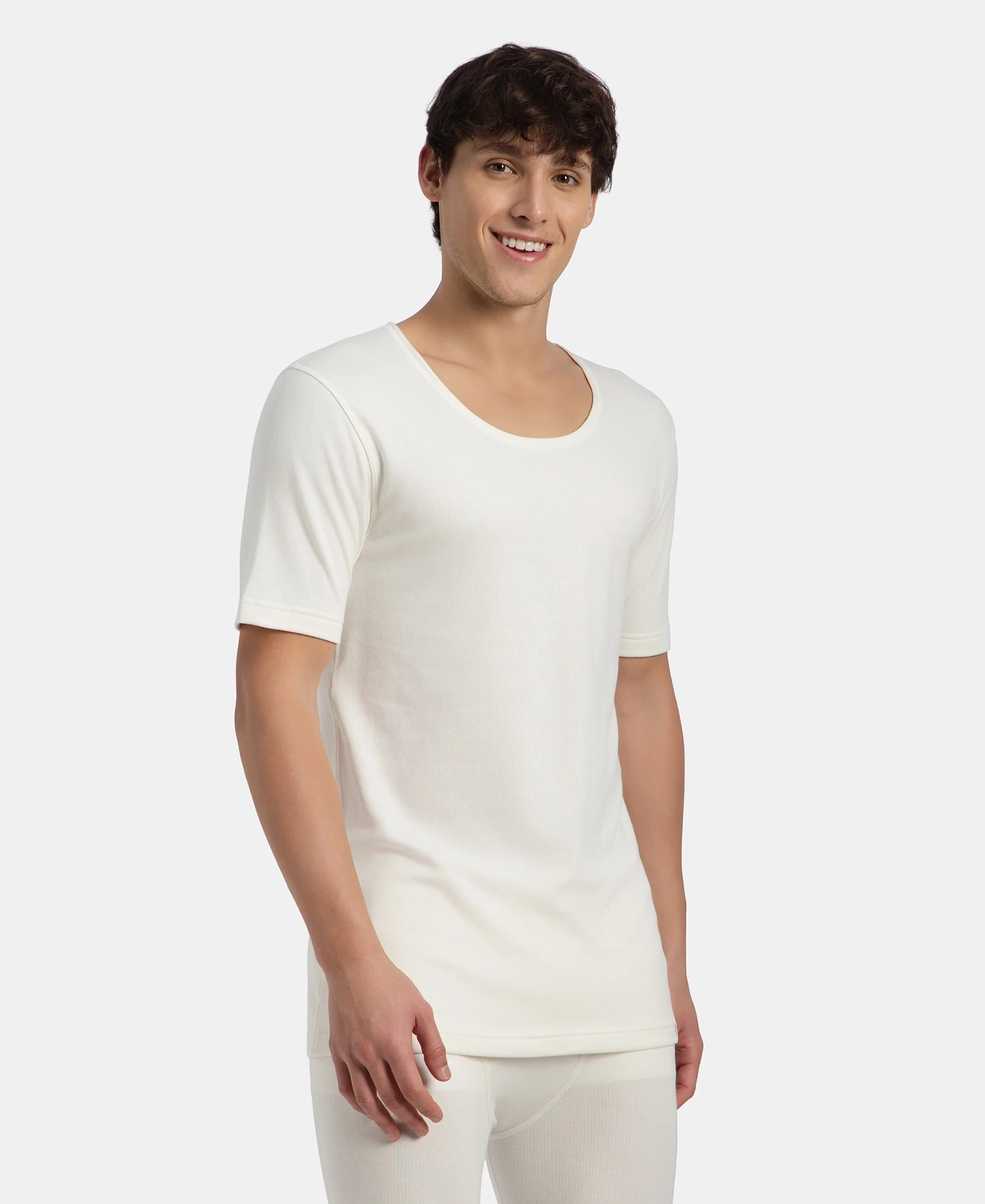 Super Warm Super Combed Cotton Rich Brushed Fabric Half Sleeved Thermal Undershirt with StayWarm Technology - Off White - Image 2