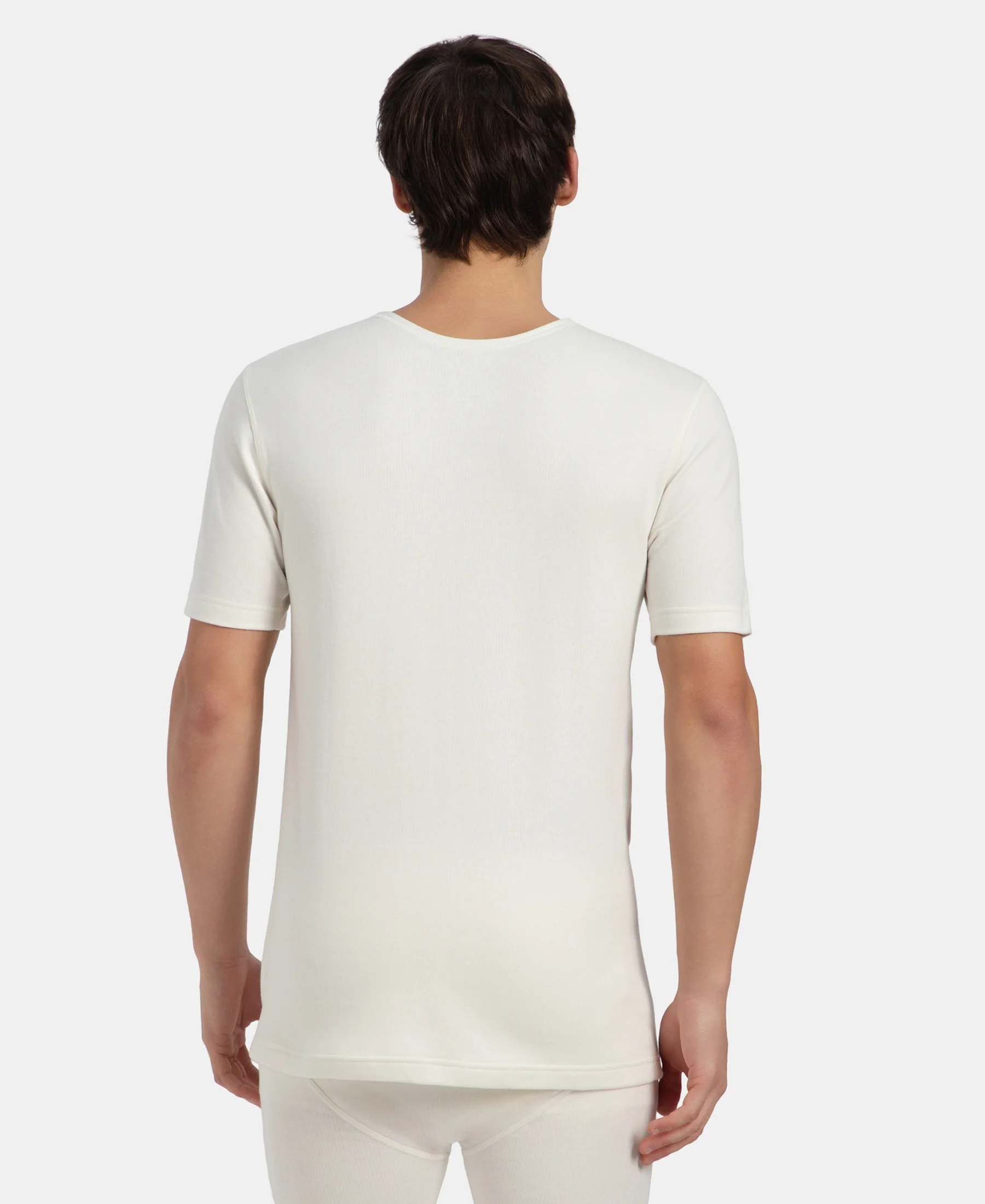 Super Warm Super Combed Cotton Rich Brushed Fabric Half Sleeved Thermal Undershirt with StayWarm Technology - Off White - Image 3