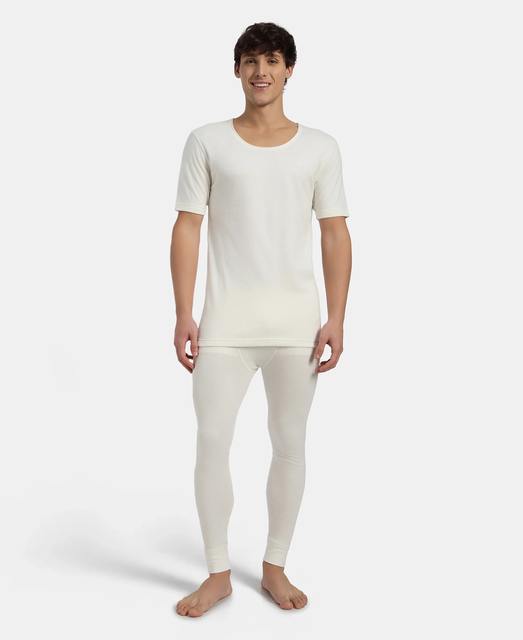 Super Warm Super Combed Cotton Rich Brushed Fabric Half Sleeved Thermal Undershirt with StayWarm Technology - Off White - Image 4
