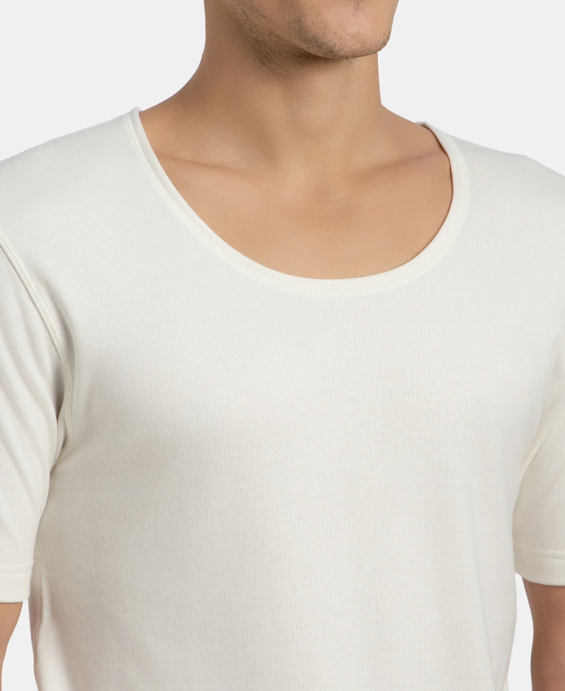 Super Warm Super Combed Cotton Rich Brushed Fabric Half Sleeved Thermal Undershirt with StayWarm Technology - Off White - Image 7
