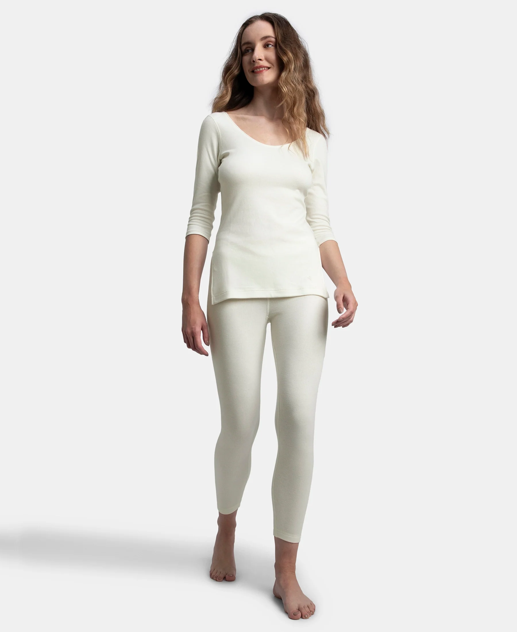 Super Warm Super Combed Cotton Rich Brushed Fabric Thermal Leggings with StayWarm Technology - Off White - Image 4