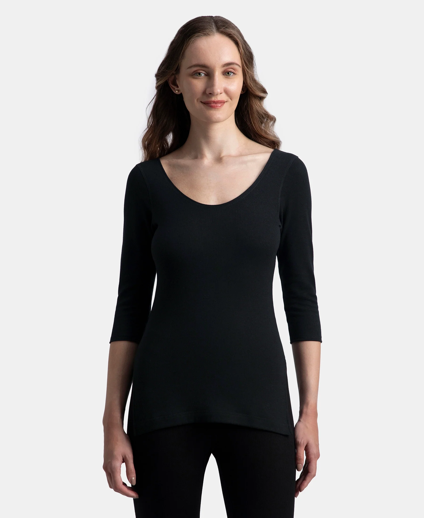 Super Warmth Super Combed Cotton Rich Brushed Three Quarter Sleeve Thermal Top with StayWarm Technology - Black