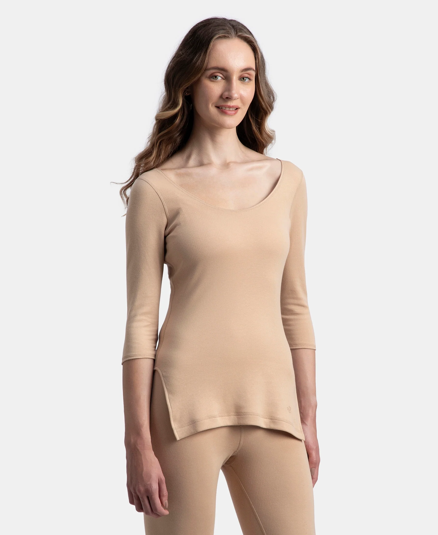 Super Warm Super Combed Cotton Rich Brushed Three Quarter Sleeve Thermal Top with StayWarm Technology - Skin - Image 2