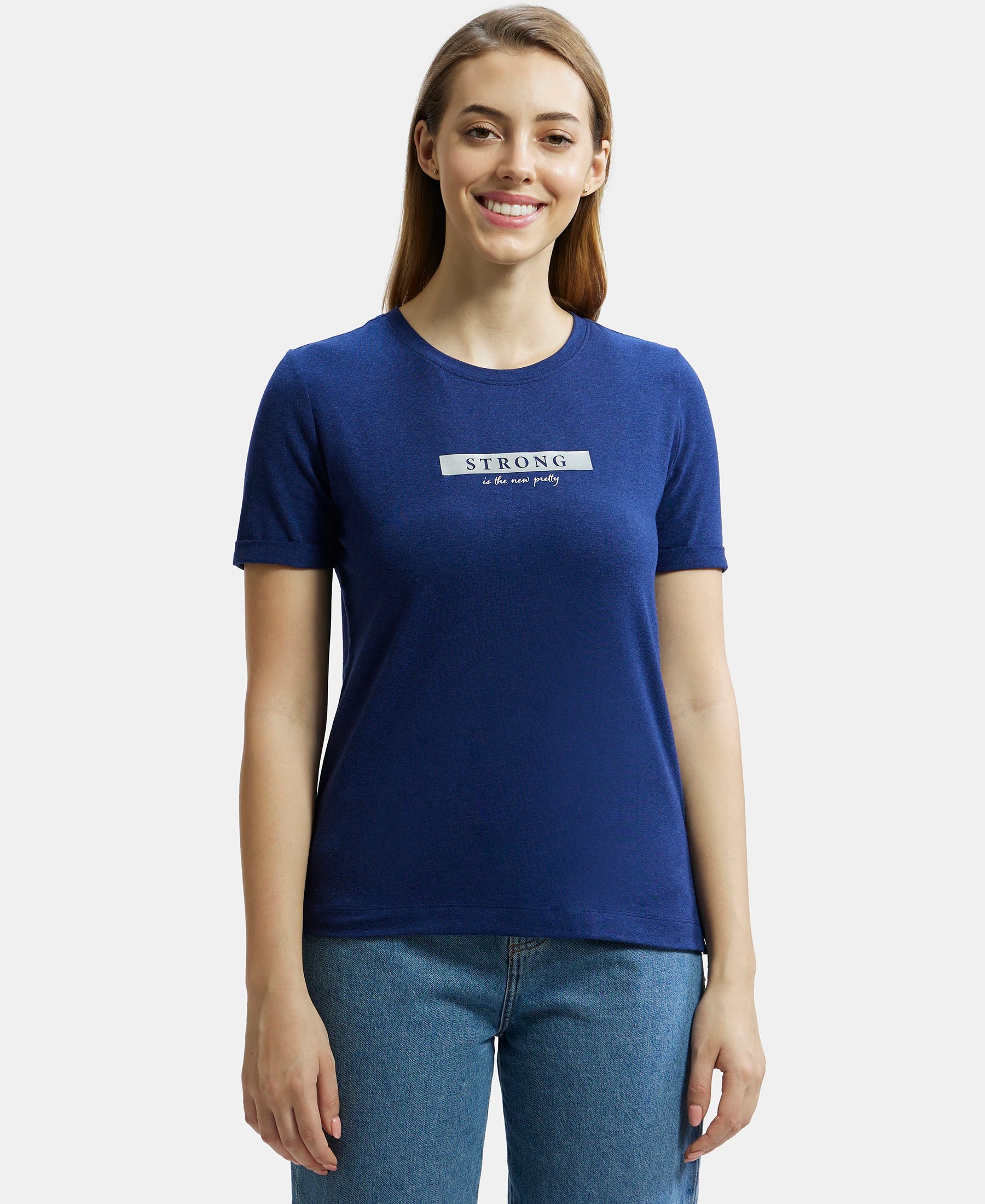 Super Combed Cotton Rich Elastane Stretch Relaxed Fit Graphic Printed Round Neck Half Sleeve T-Shirt - Imperial Blue Melange
