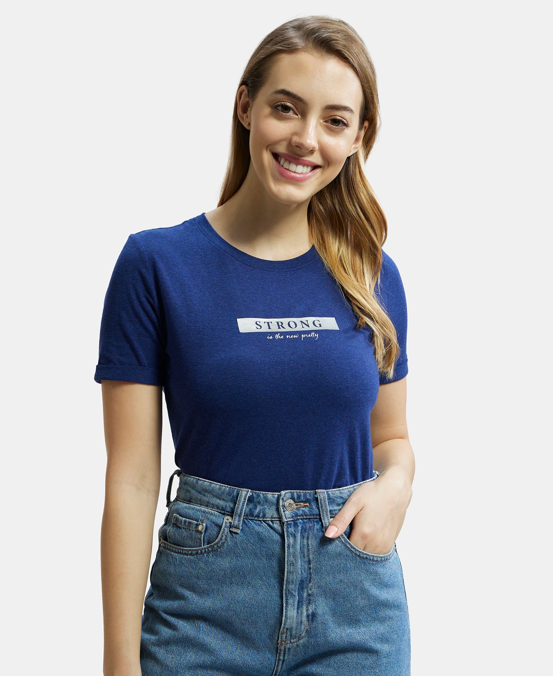 Super Combed Cotton Rich Elastane Stretch Relaxed Fit Graphic Printed Round Neck Half Sleeve T-Shirt - Imperial Blue Melange - Image 5