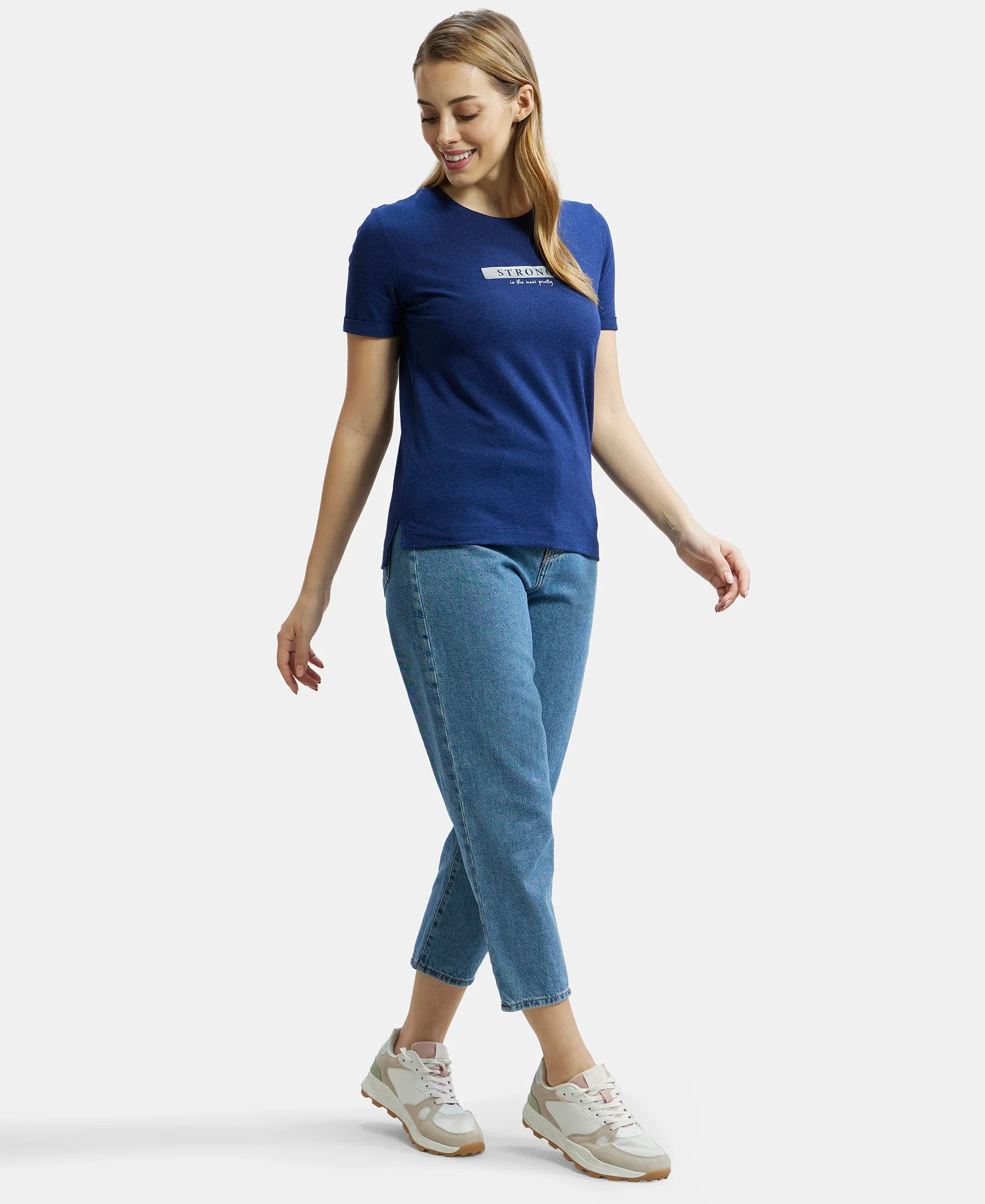 Super Combed Cotton Rich Elastane Stretch Relaxed Fit Graphic Printed Round Neck Half Sleeve T-Shirt - Imperial Blue Melange - Image 6
